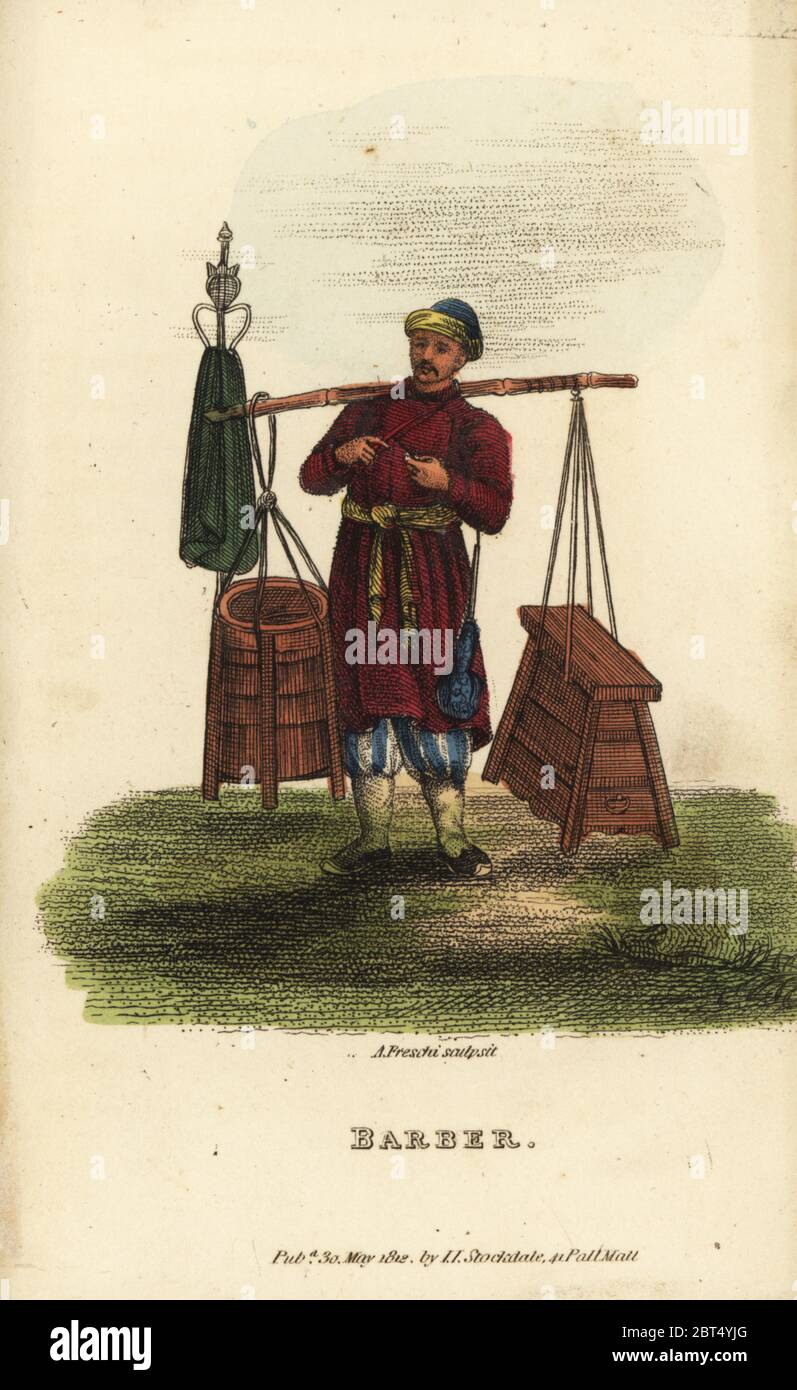 Itinerant Chinese barber ringing finger bells to find customers, QIng Dynasty. He carries a stool and bucket on a bamboo yoke, along with razor, scissors, strop, etc. Handcoloured copperplate engraving by Andrea Freschi after Antoine Cardon from Henri-Leonard-Jean-Baptiste Bertin and Jean Baptiste Joseph Breton's China, Its Costumes, Arts, Manufactures, etc., Howlett and Brimmer, London, 1824. Stock Photo