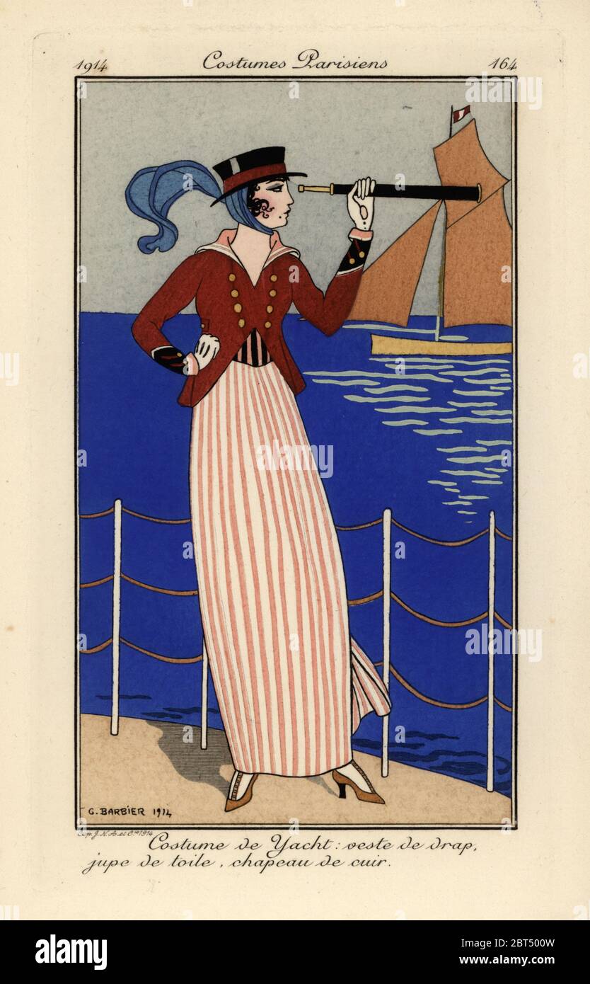 Woman in yacht outfit with wool jacket, toile skirt and leather hat,  holding a telescope. Costume de Yacht: veste de drap, jupe de toile, chapeau  de cuir. Handcoloured pochoir (stencil) etching after