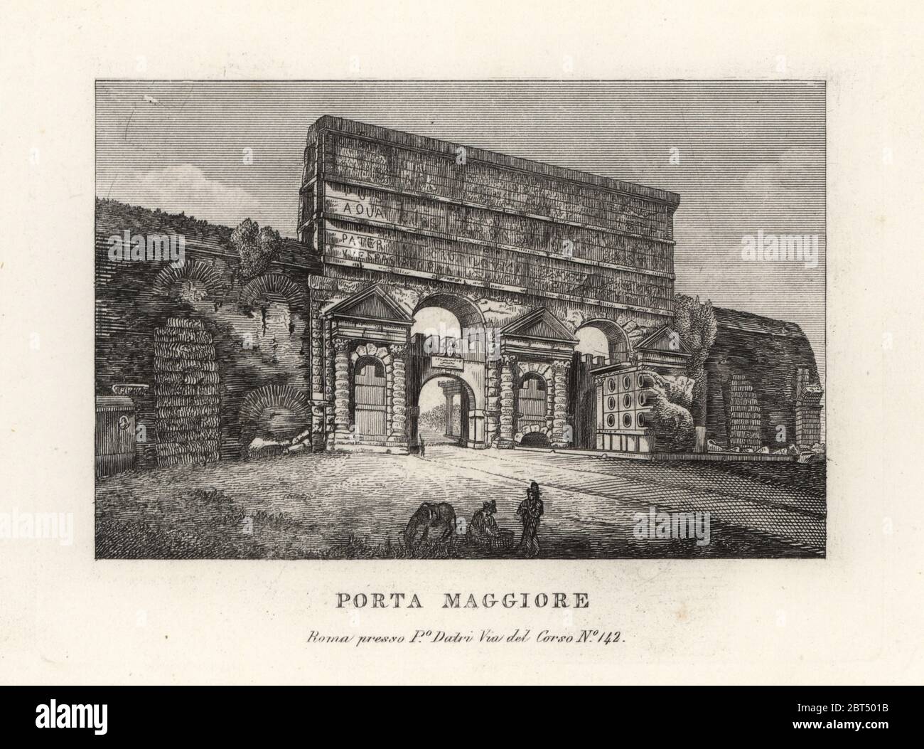 View of the Porta Maggiore gate with aqueducts, Larger Gate or Porta Prenestina, in the Aurelian Wall, Rome. Copperplate engraving from Pietro Datri's New Collection of Principal Views of Rome Ancient and Modern with the ruins of war, Rome, 1849. Stock Photo