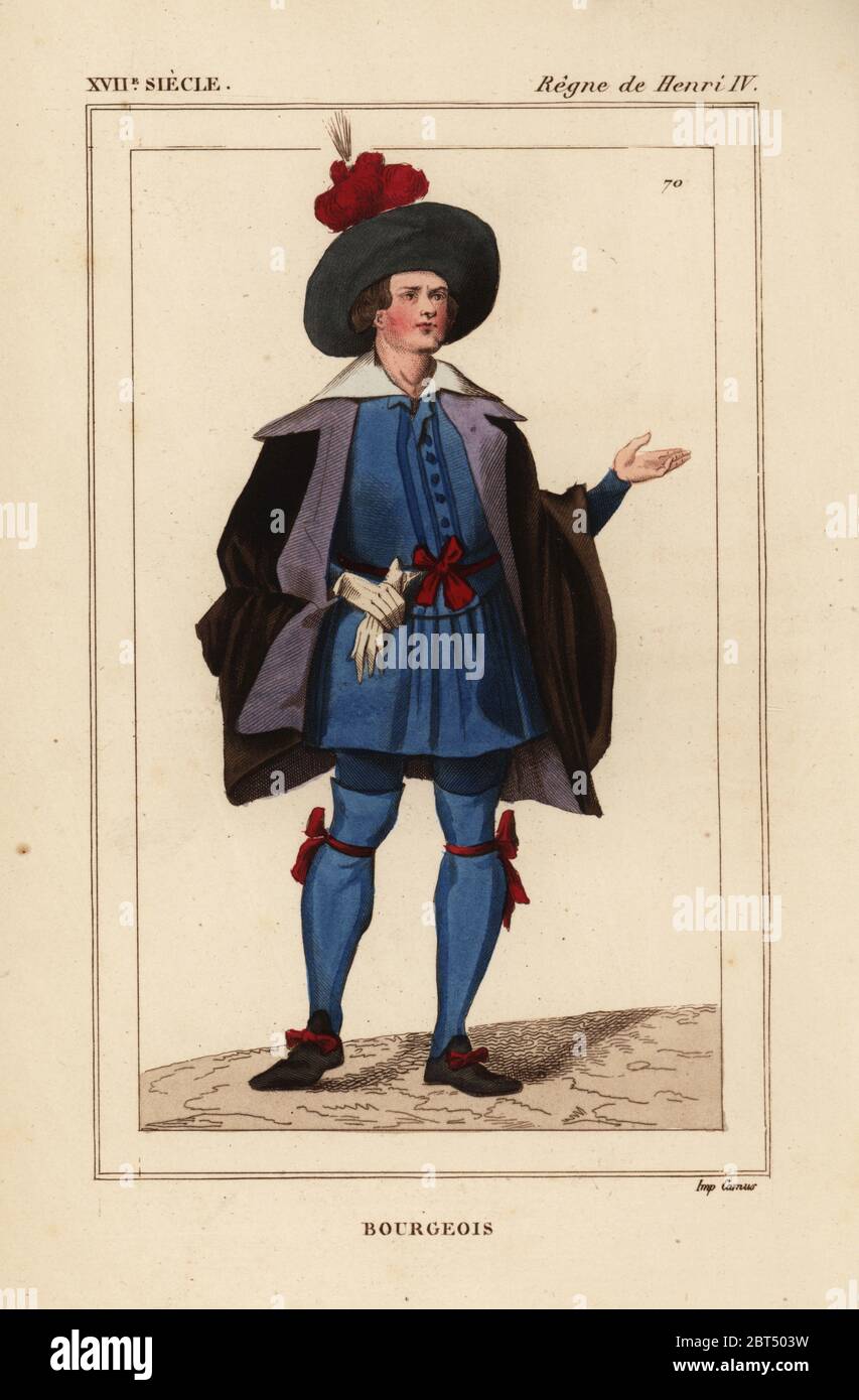 Costume of a French bourgeois man, reign of King Henry IV, 16th century.  Handcoloured lithograph after a portrait in Roger de Gaignieres' gallery  portfolios from Le Bibliophile Jacob aka Paul Lacroix's Costumes
