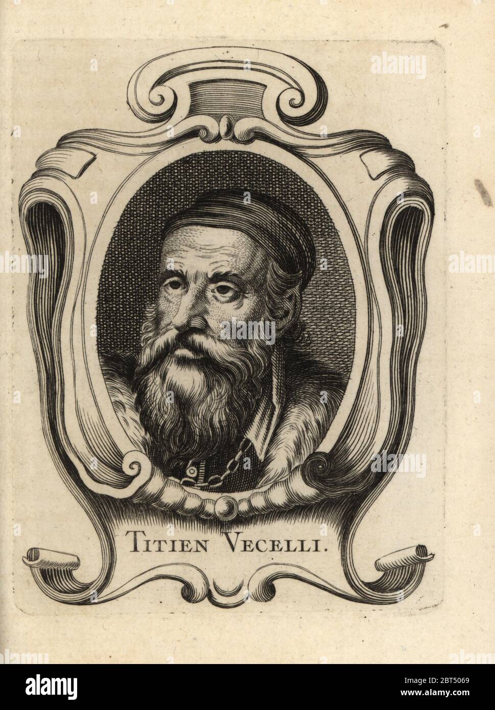 Portrait of Titian, Italian painter of the Venetian school 1488-1576. Titien Vecelli. Copperplate engraving from Antoine-Joseph Dezallier dArgenvilles Abrege de la vie des plus fameux peintres, Lives of the most Famous Artists, de Bure lAine, Paris, 1762. Stock Photo