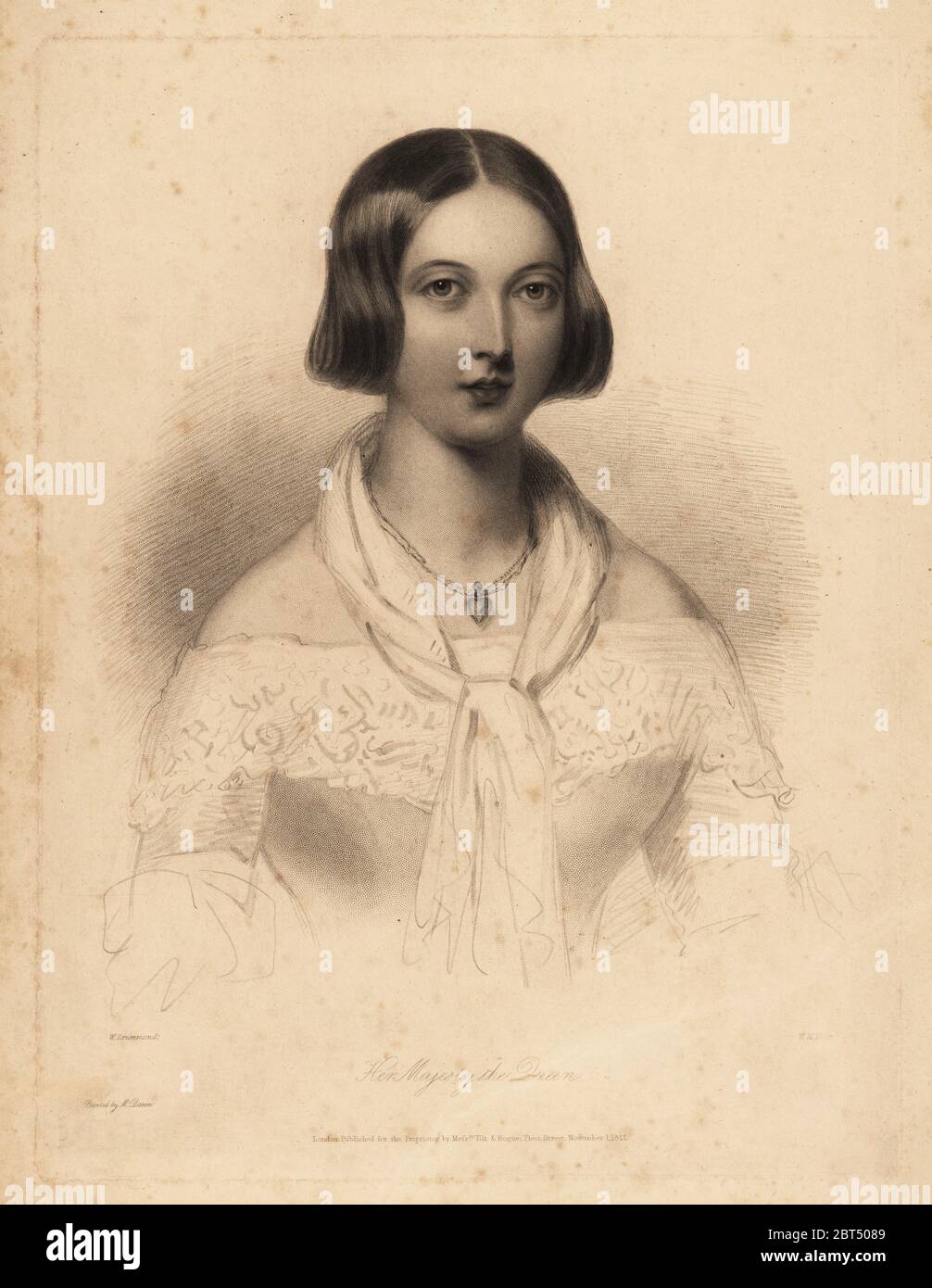Young Queen Victoria, early 20s. Steel stipple engraving by William Henry Mote after an illustration by William Drummond from Charles Heaths English Pearls, or Portraits for the Boudoir, Tilt and Bogue, London, 1843. Stock Photo