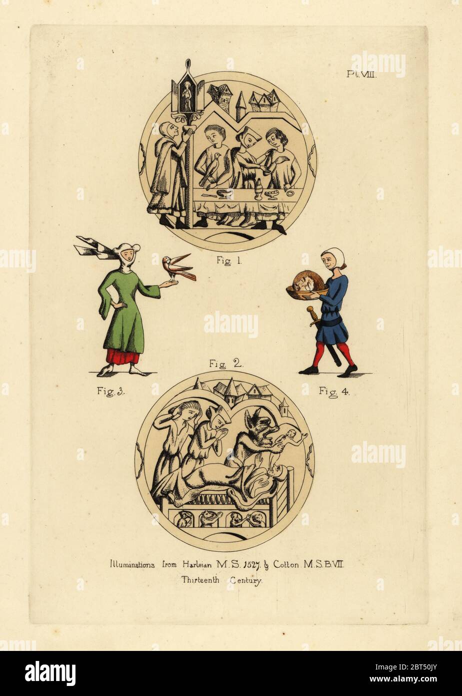 Carouse with men in cyclas admonished by a man in a legal coiff and capuchon 1, deathbed scene with the Devil taking the soul of a man 2, woman in wimple and horned hat with cointose scarf and bird 3, executioner of John the Baptist with his head on a platter 4. Illuminations from Harleian 1527 and Cotton MSBVII manuscripts, 13th century. Handcoloured copperplate engraving from Thomas Anthony Day and J.H. Dines' Illustrations of Mediaeval Costume in England collected from manuscripts in the British Museum, Bibliotheque Nationale de Paris, Bosworth, London, 1853. Stock Photo