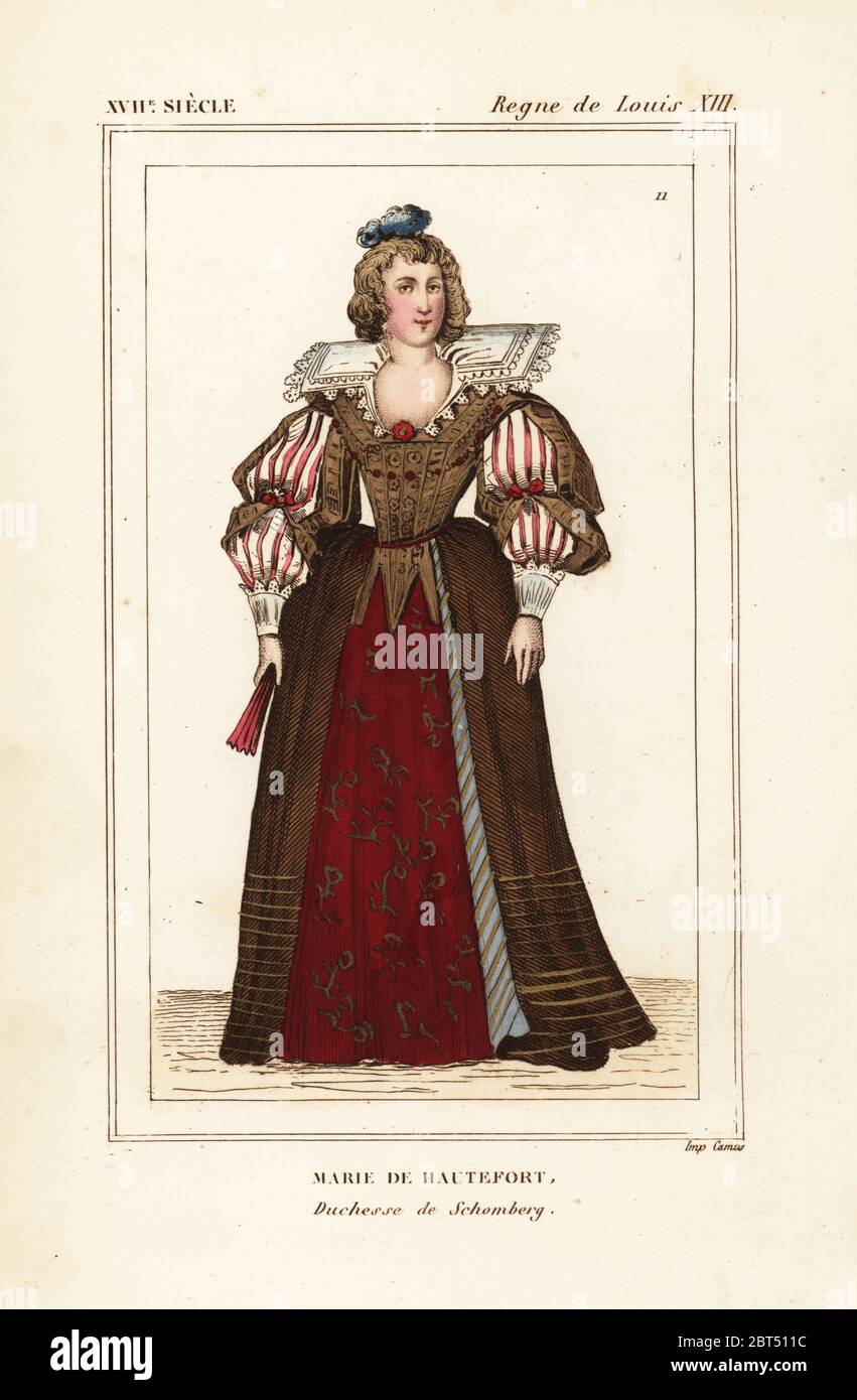 Marie de Hautefort, Duchesse de Schomberg, French noble and lady-in-waiting at the court of King Louis XIII, 1616-1691. Handcoloured lithograph after a contemporary portrait in Versailles from Le Bibliophile Jacob aka Paul Lacroix's Costumes Historiques de la France (Historical Costumes of France), Administration de Librairie, Paris, 1852. Stock Photo