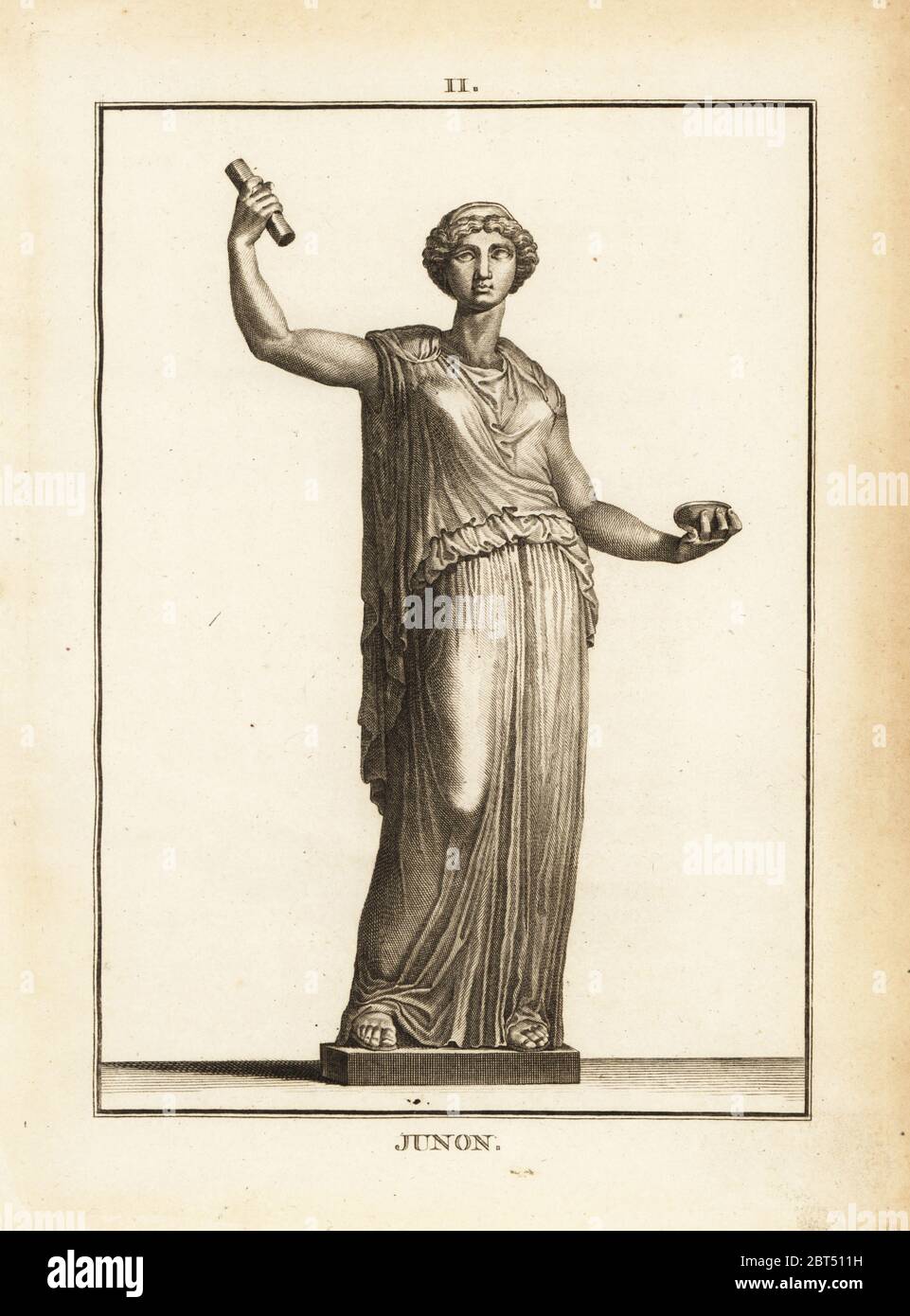 Statue of the Roman goddess Juno, queen of the gods. Copperplate engraving by Francois-Anne David from Museum de Florence, ou Collection des Pierres Gravees, Statues, Medailles, Chez F.A. David, Paris, 1787. David (1741-1824) drew and engraved the illustrations based on Roman statues, engraved stones and medals in the collection of the Museum de Florence and the cabinet of curiosities of the Grand Duke of Tuscany. Stock Photo
