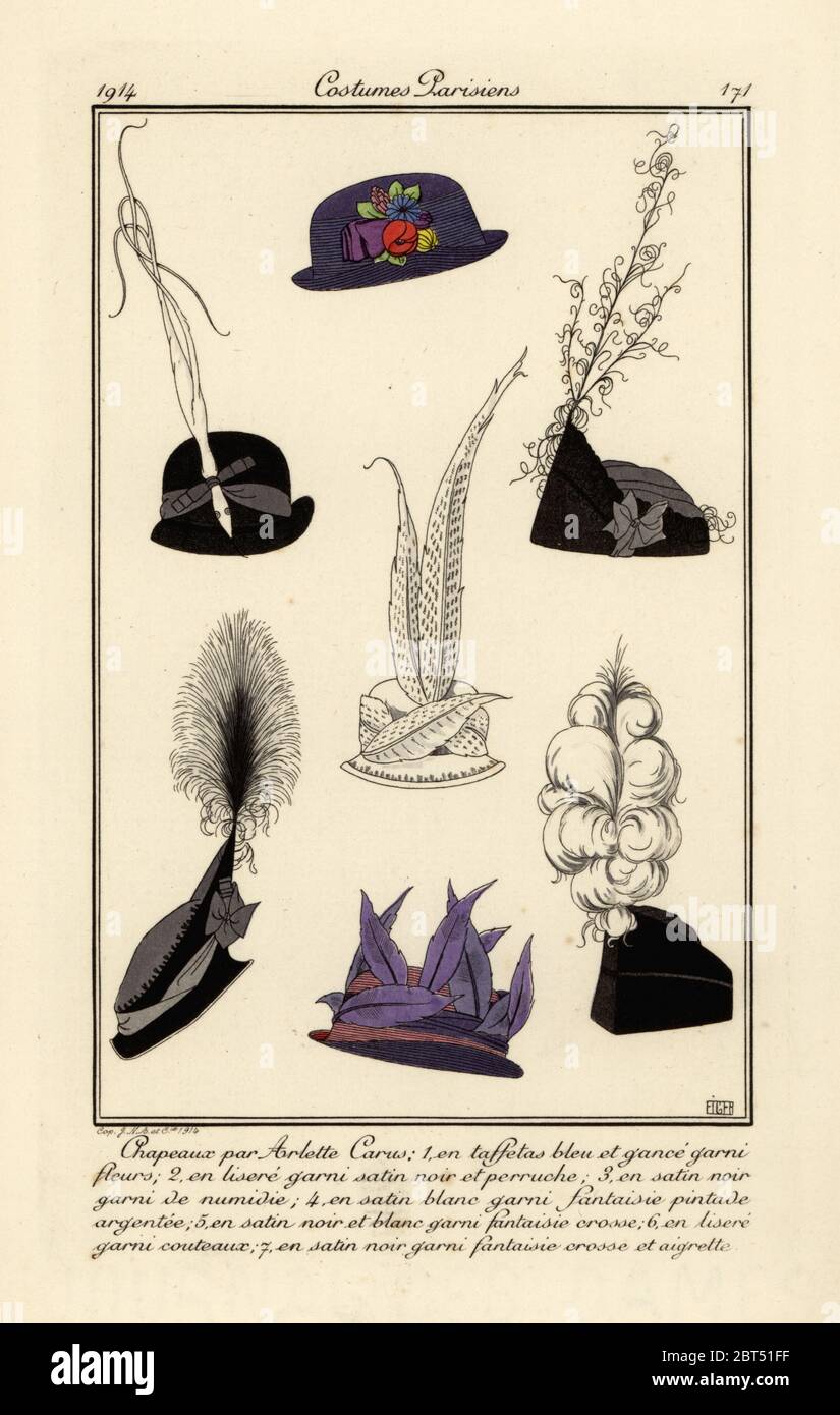 Seven hats designed by French milliner Arlette Carus. Chapeaux par Arlette Carus. Handcoloured pochoir (stencil) etching after an illustration by Eiger from Tommaso Antonginis Journal des Dames et des Modes, Aux Bureaux du Journal des Dames, Paris, 1914. Stock Photo