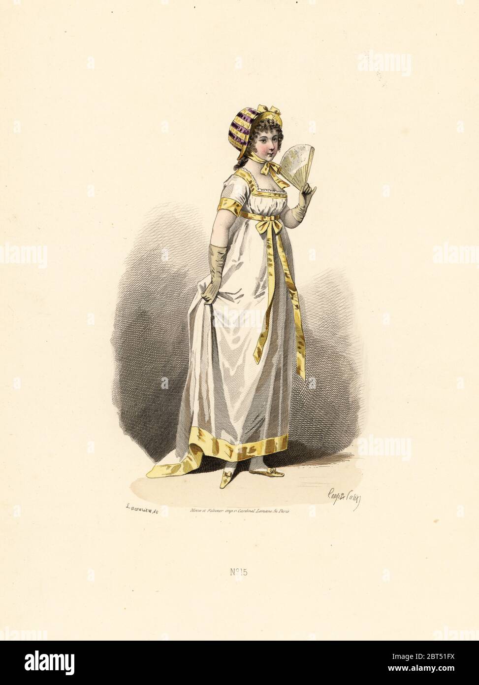 Woman in white dress with yellow trim, yellow slippers, yellow and violet hat, with fan. Handcoloured lithograph by A. Lacourriere after an illustration by Francois-Claudius Compte-Calix from Les Modes Parisienne sous le Directoire Aux Bureaux des Modes Parisiennes, Paris, 1871. Stock Photo