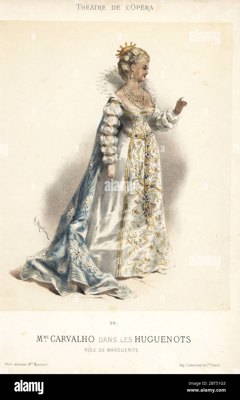 Marie Caroline Miolan-Carvalho, French soprano, as Marguerite in Les Huguenots, the grand opera by Giacomo Meyerbeer. Handcoloured lithograph after A. Morlon published by Martinet, Paris, 1870. Stock Photo