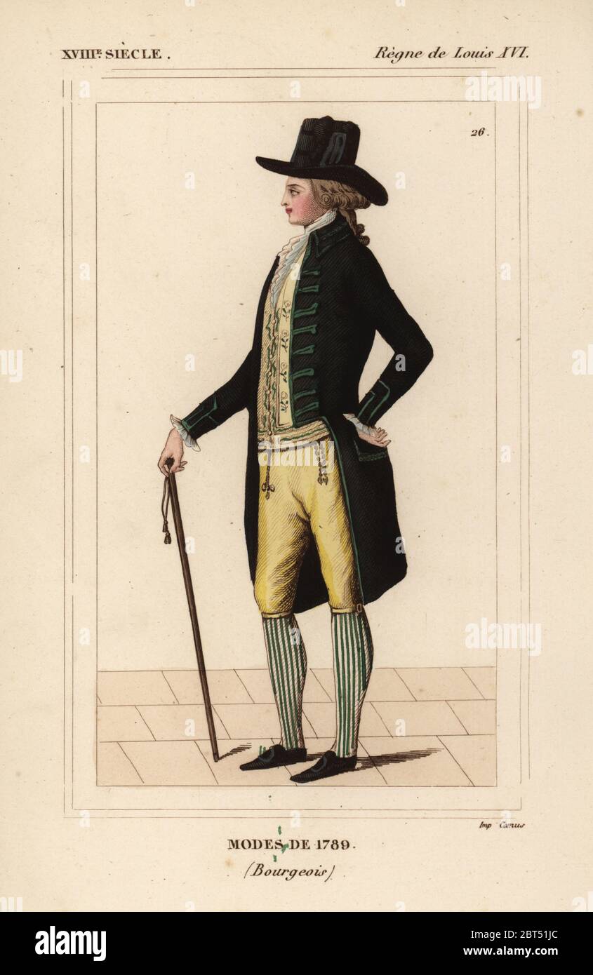 French men's fashions of 1789 (bourgeois) in imitation of the English style. Hair a la Panurge and hat a la Jackei. Handcoloured lithograph from Le Bibliophile Jacob aka Paul Lacroix's Costumes Historiques de la France (Historical Costumes of France), Administration de Librairie, Paris, 1852. Stock Photo