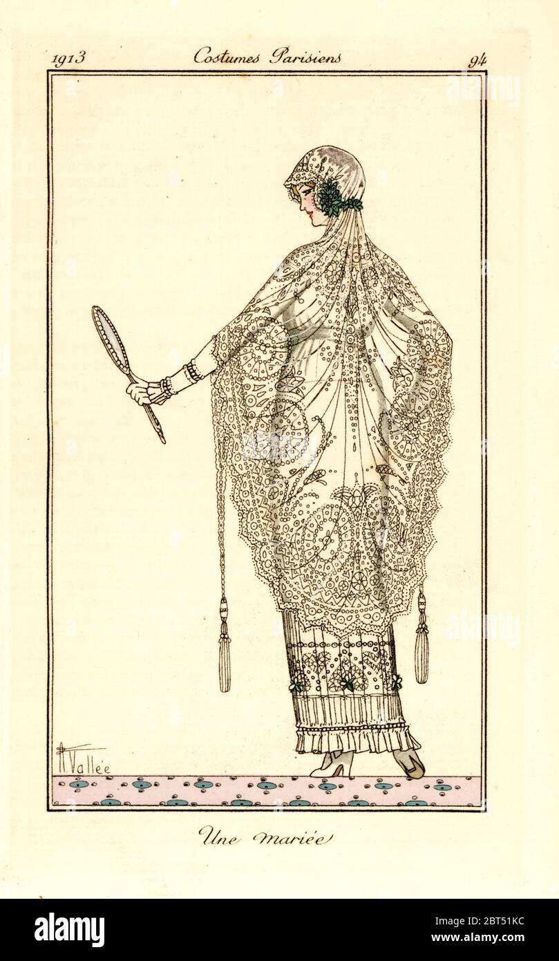 Bride in embroidered sheath wedding dress with long lace veil with tassels. Une mariee. Handcoloured pochoir (stencil) etching after an illustration by Armand Vallee from Tommaso Antonginis Journal des Dames et des Modes, Aux Bureaux du Journal des Dames, Paris, 1913. Stock Photo