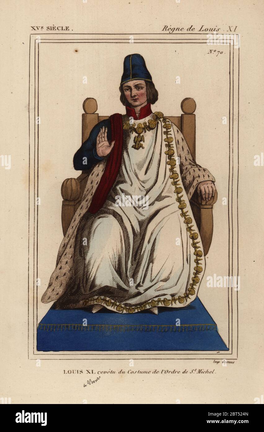 King Louis XI of France, 1423-1483. In the ceremonial robes of the Order of Saint Michael, Ordre de Saint-Michel, but with blue bonnet instead of crimson velvet hood or chaperon. Handcoloured lithograph by Leopold Massard after a miniature in Roger de Gaignieres' portfolio VII 3 from Le Bibliophile Jacob aka Paul Lacroix's Costumes Historiques de la France (Historical Costumes of France), Administration de Librairie, Paris, 1852. Stock Photo