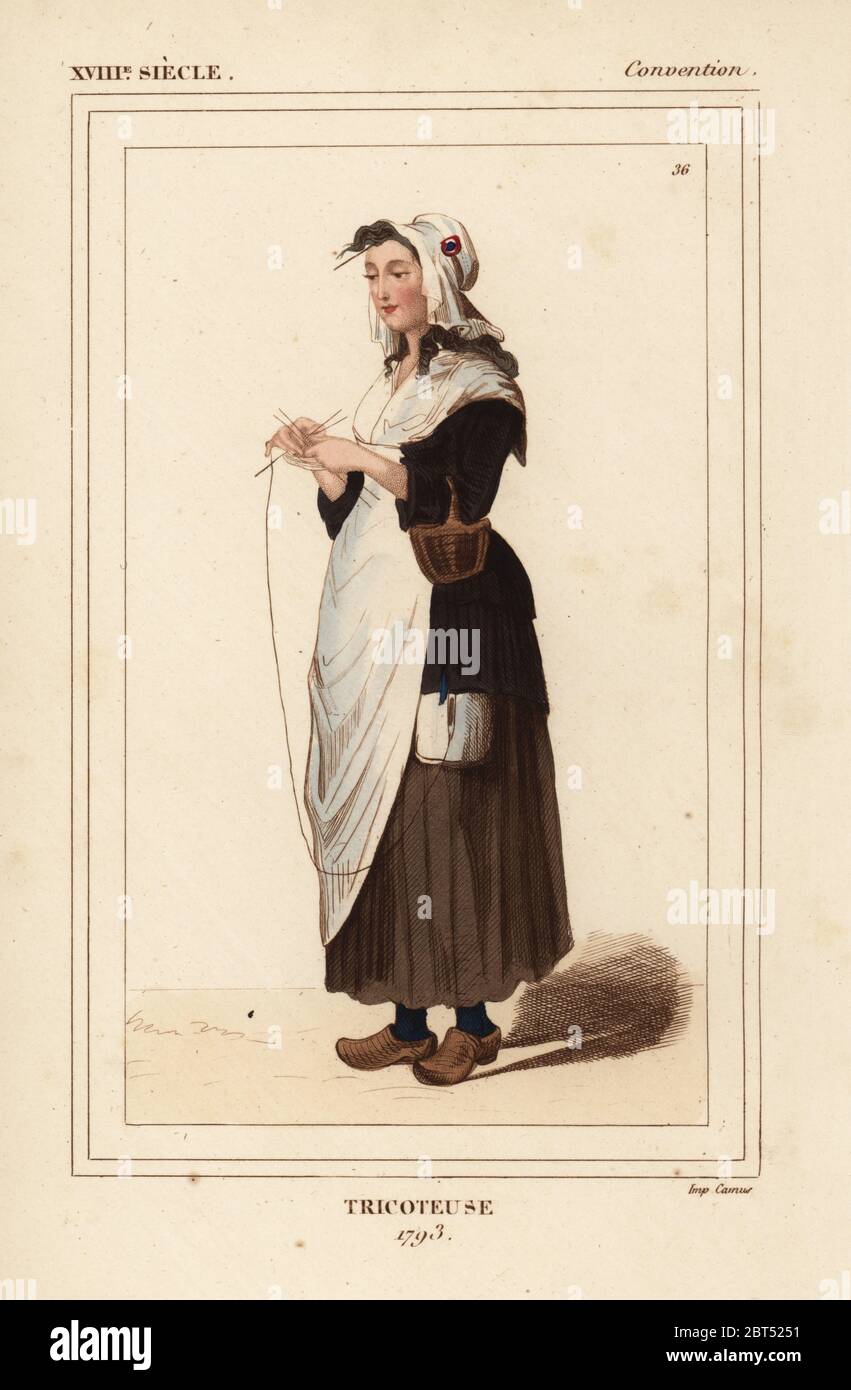 Tricoteuse, 1793, market women who knitted while attending public executions during the French revolution. Handcoloured lithograph from Le Bibliophile Jacob aka Paul Lacroix's Costumes Historiques de la France (Historical Costumes of France), Administration de Librairie, Paris, 1852. Stock Photo