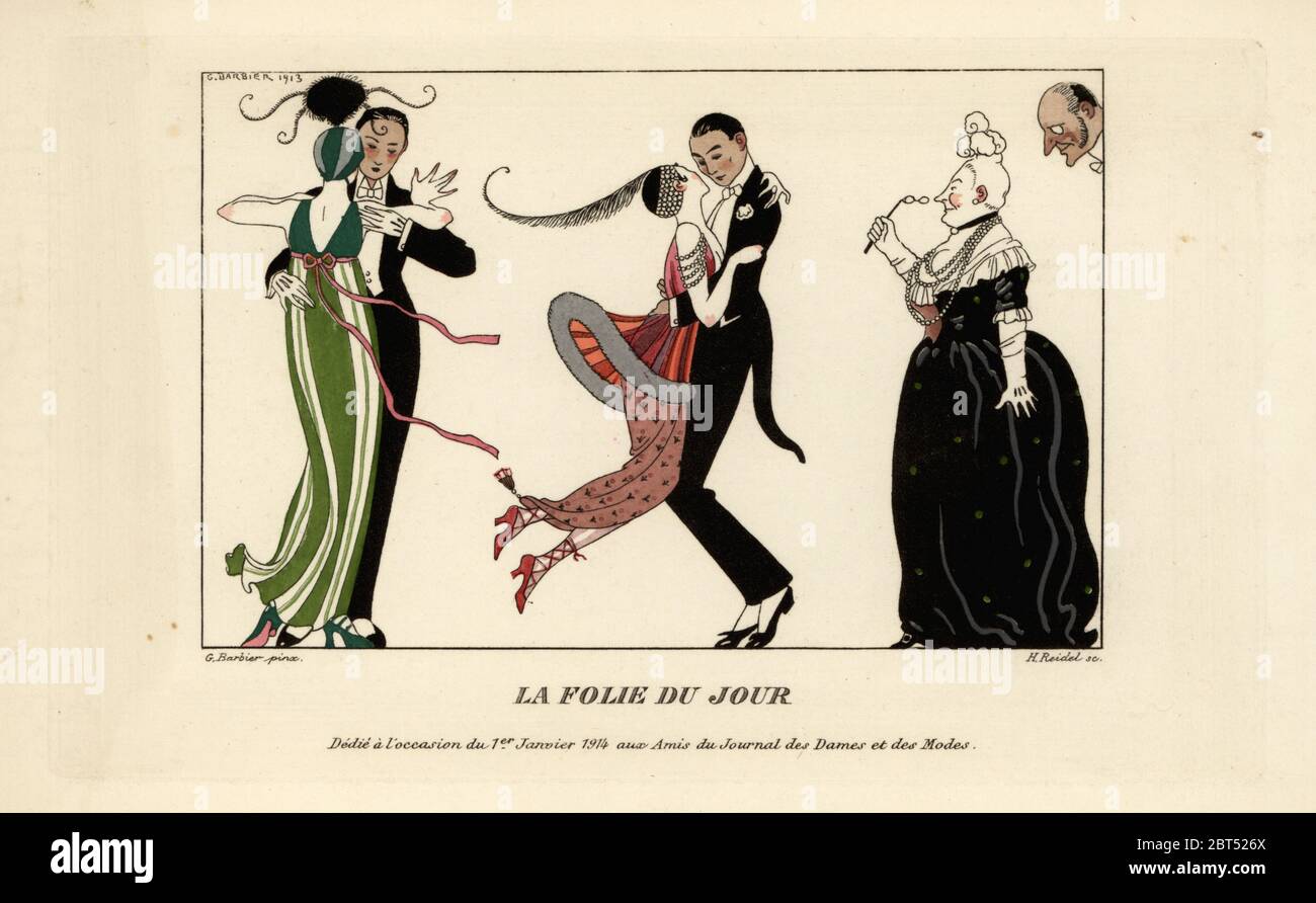 Fashionable couples dancing energetically at a ball, observed by an older woman with lorgnette. La Folie du Jour. Handcoloured pochoir (stencil) etching by H. Reidel after an illustration by George Barbier from Tommaso Antonginis Journal des Dames et des Modes, Aux Bureaux du Journal des Dames, Paris, 1914. Stock Photo