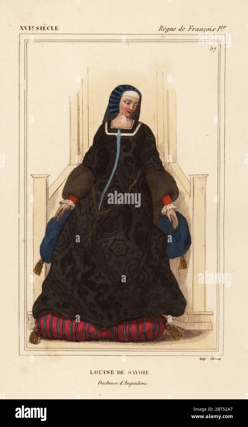 Louise of Savoy, Louise de Savoie, Duchesse d'Angouleme, mother of King Francis I, 1476-1532. Handcoloured lithograph after a miniature in a manuscript in the Bibliotheque Nationale (Nicolas Xavier Willemin II 236) from Le Bibliophile Jacob aka Paul Lacroix's Costumes Historiques de la France (Historical Costumes of France), Administration de Librairie, Paris, 1852. Stock Photo