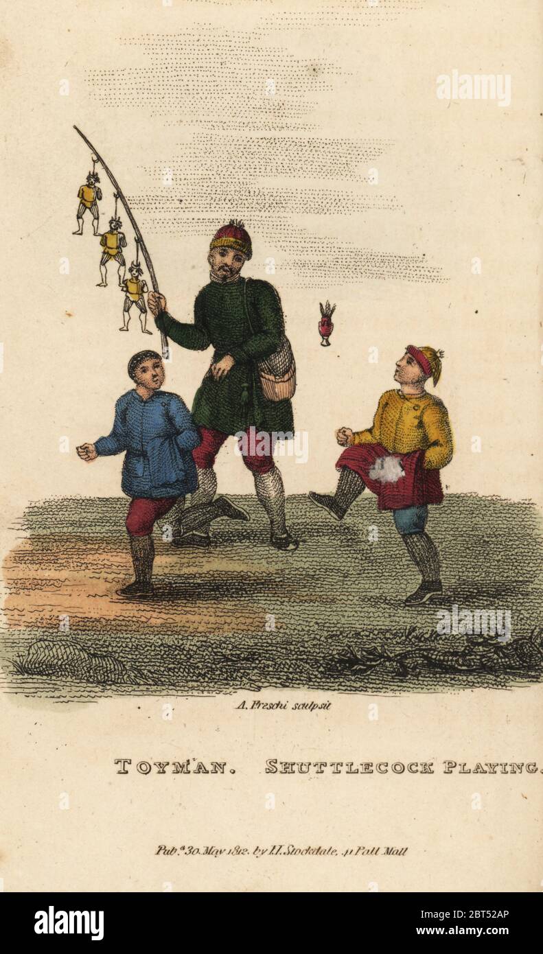 Chinese itinerant toy seller and boys playing Jianzi by kicking a shuttlecock, Qing Dynasty. The toy man holds a bamboo stick with three small puppets. Handcoloured copperplate engraving by Andrea Freschi after Antoine Cardon from Henri-Leonard-Jean-Baptiste Bertin and Jean Baptiste Joseph Breton's China, Its Costumes, Arts, Manufactures, etc., Howlett and Brimmer, London, 1824. Stock Photo