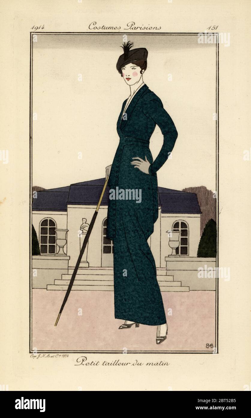 Woman in morning tailored suit with cane. Petit tailleur du matin. Handcoloured pochoir (stencil) etching after an illustration by Bernard Boutet de Monvel from Tommaso Antonginis Journal des Dames et des Modes, Aux Bureaux du Journal des Dames, Paris, 1914. Stock Photo