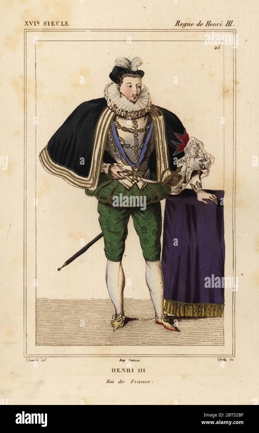 King Henri III of France. Illustration by Dunand, lithograph by Breton after a portrait in Roger de Gaignieres' gallery portfolio IX 48 from Le Bibliophile Jacob aka Paul Lacroix's Costumes Historiques de la France (Historical Costumes of France), Administration de Librairie, Paris, 1852. Stock Photo
