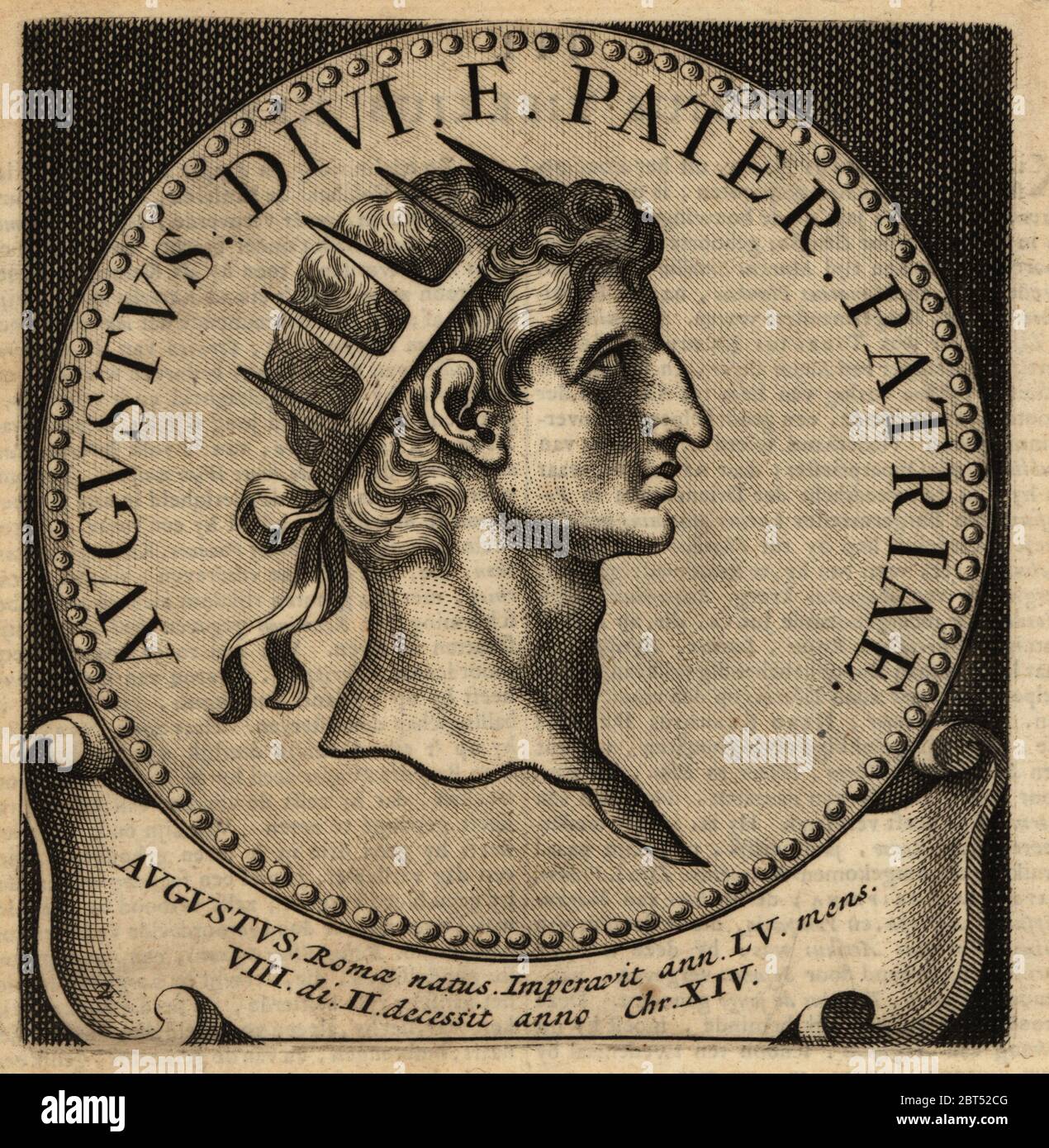 Roman Emperor Augustus, Imperator Caesar Divi filius Augustus, 63BC to AD14. Roman statesman and military leader. Copperplate engraving from Abraham Bogaerts De Roomsche Monarchy, The Roman Monarchy, Francois Salma, Utrecht, 1697. Stock Photo