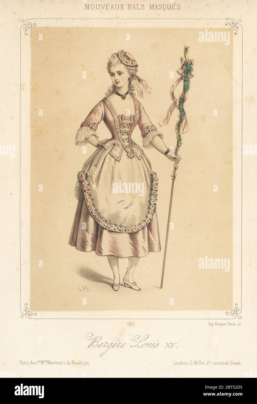 Woman in costume as a shepherdess (bergere) of the era of Louis XV and Marie Antionette for a masquerade ball. Handcoloured lithograph after A. H. published by Martinet, Paris, 1880s. Stock Photo