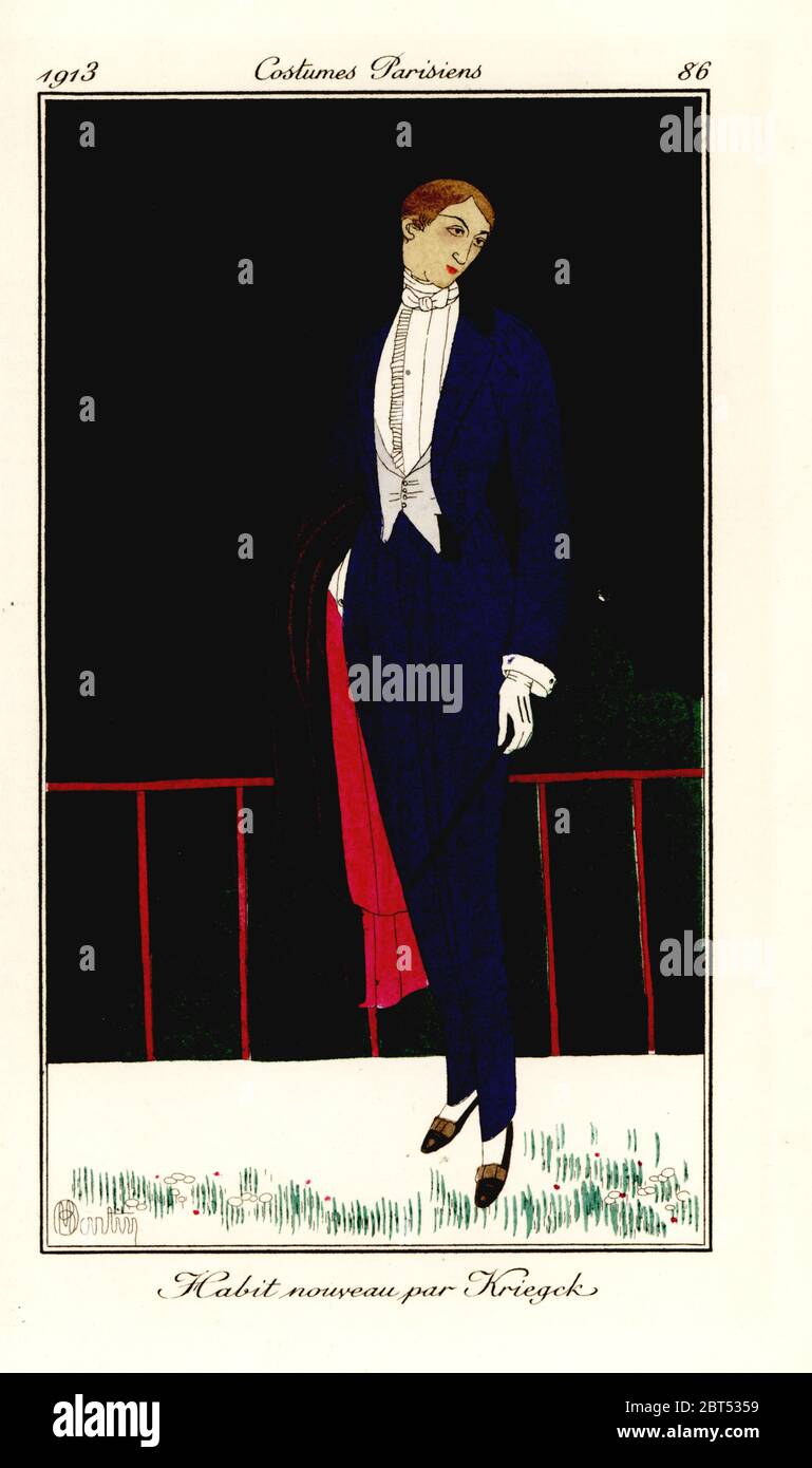 Man in new blue suit, pearl vest and white shirt, designed by Kriegck, with red-lined cape. Habit nouveau par Kriegck. Handcoloured pochoir (stencil) etching after an illustration by Charles Martin from Tommaso Antonginis Journal des Dames et des Modes, Aux Bureaux du Journal des Dames, Paris, 1913. Stock Photo