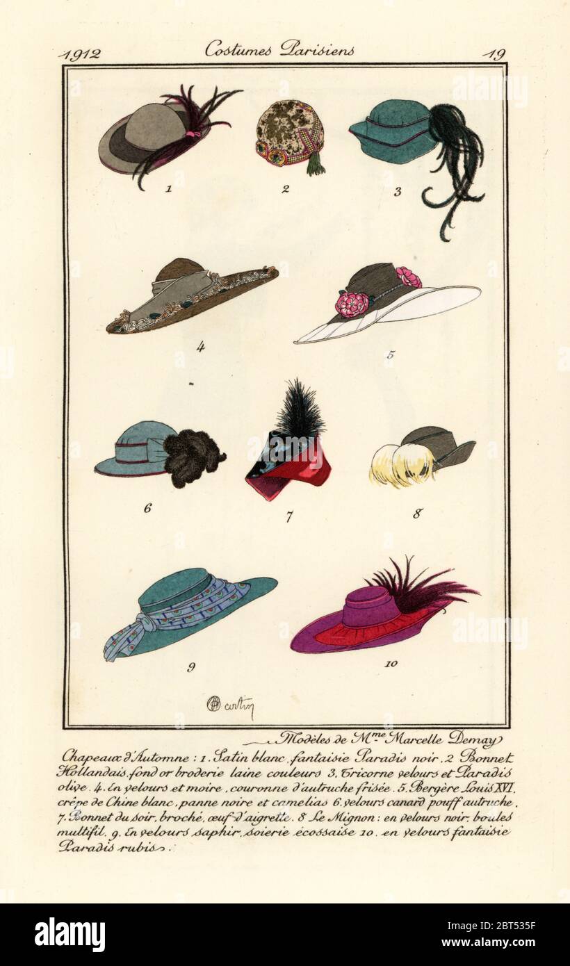 New hat designs by milliner Marcelle. Demay. Modeles de Mme. Marcelle Demay. Handcoloured pochoir (stencil) etching after an illustration by Charles Martin from Tommaso Antonginis Journal des Dames et des Modes, Aux Bureaux du Journal des Dames, Paris, 1912. Stock Photo
