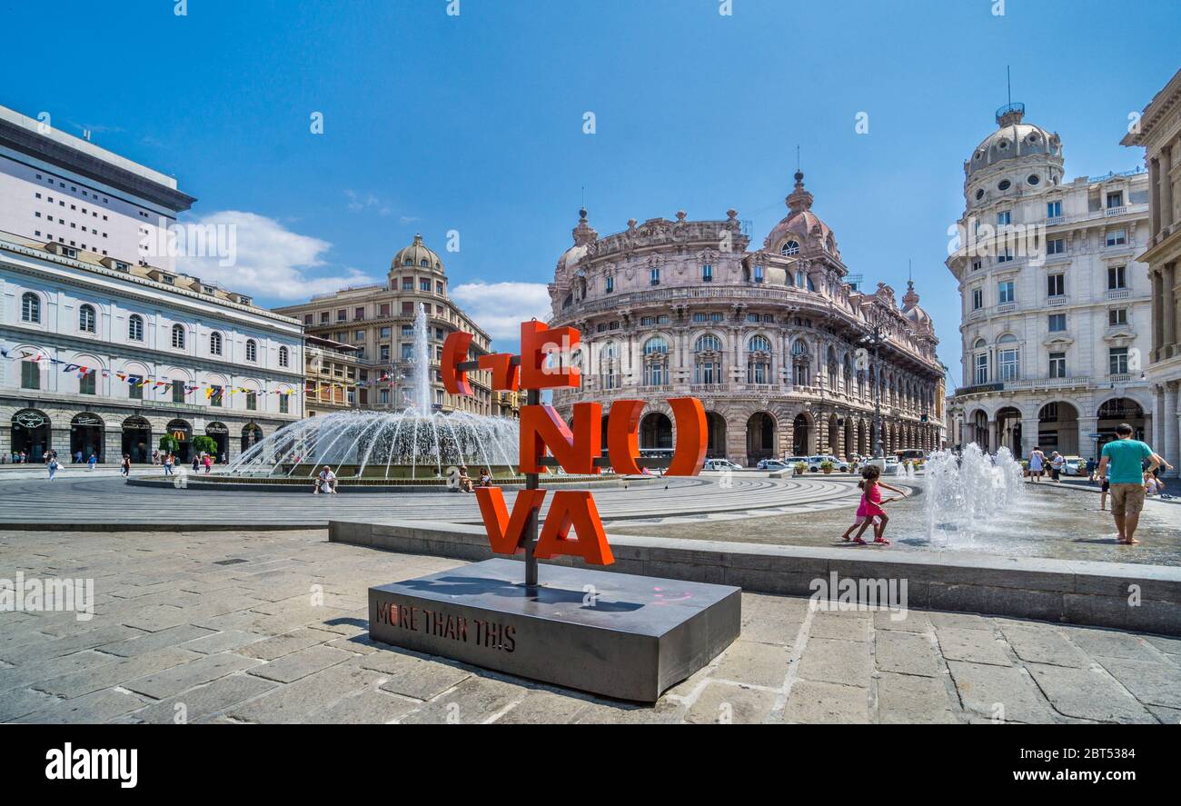 ‘Genova’ sign at Piazza De Ferrari in the heart of Genoa, a City square known for its 1930s bronze fountain and prominent buildings and inastitutions, Stock Photo