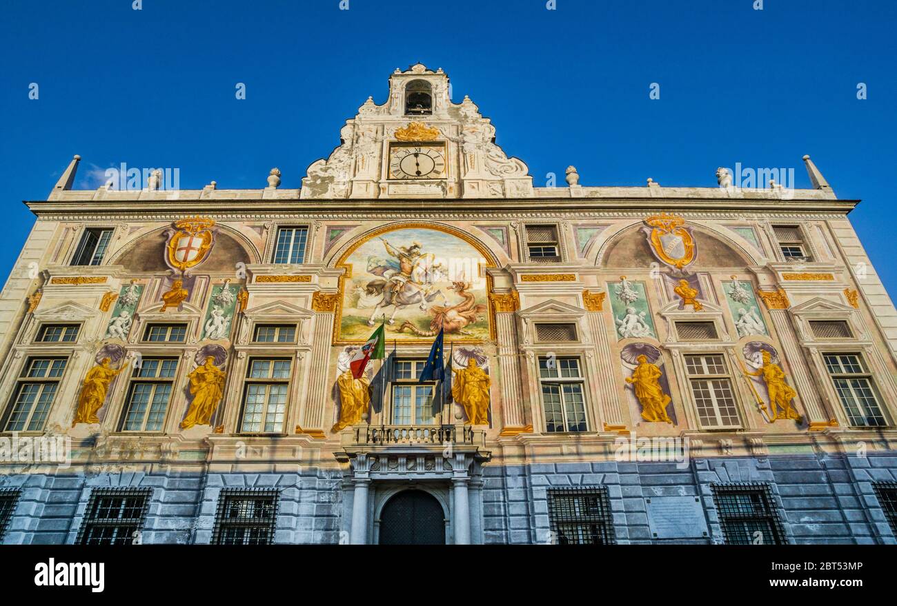 frescoed façade of the Palace of St. George facing Piazza Caricamento in Genoa, Liguria, Italy Stock Photo