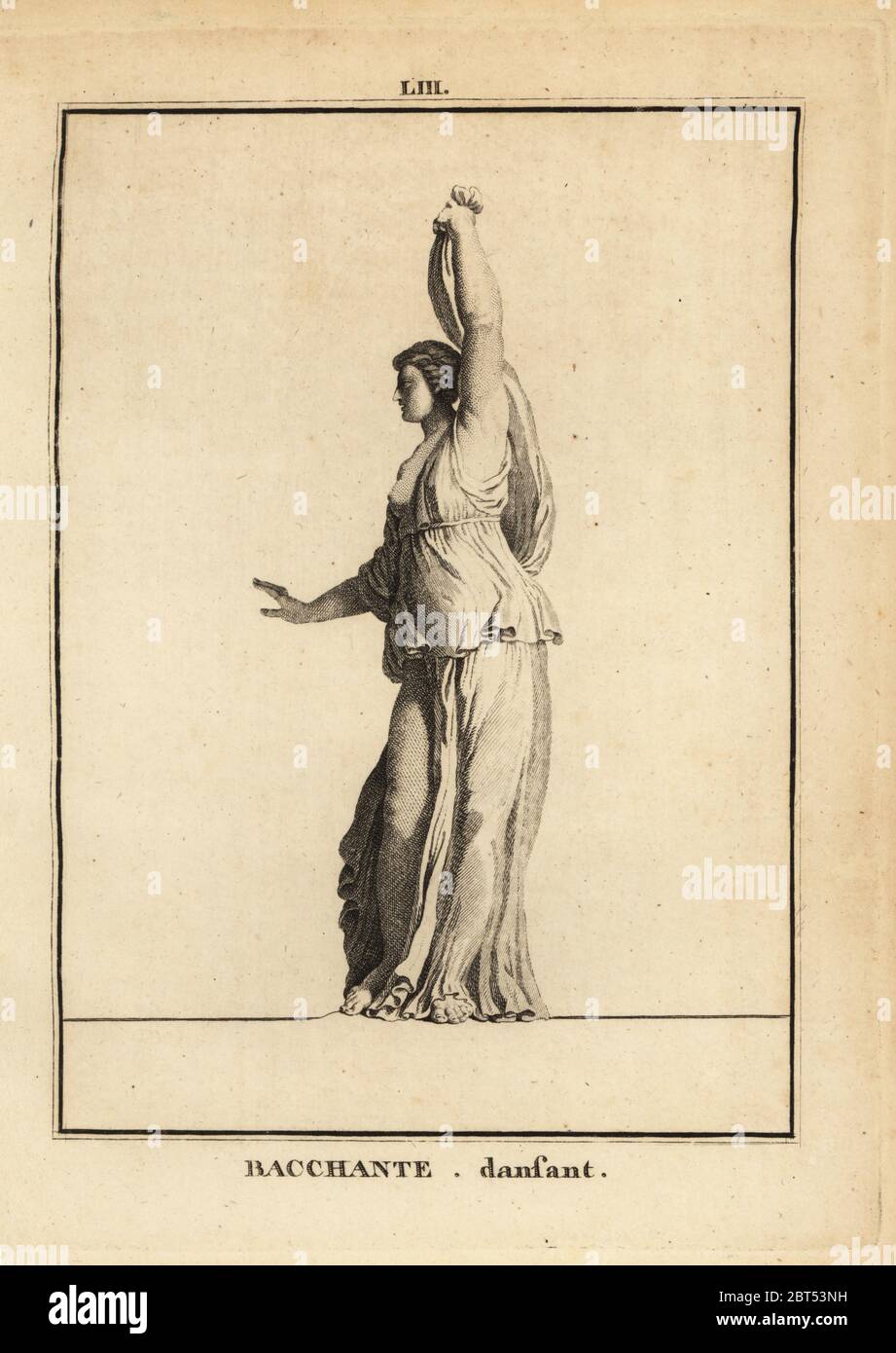 Statue of a dancing Bacchante, follower of the Roman god of wine Bacchus. Copperplate engraving by Francois-Anne David from Museum de Florence, ou Collection des Pierres Gravees, Statues, Medailles, Chez F.A. David, Paris, 1787. David (1741-1824) drew and engraved the illustrations based on Roman statues, engraved stones and medals in the collection of the Museum de Florence and the cabinet of curiosities of the Grand Duke of Tuscany. Stock Photo