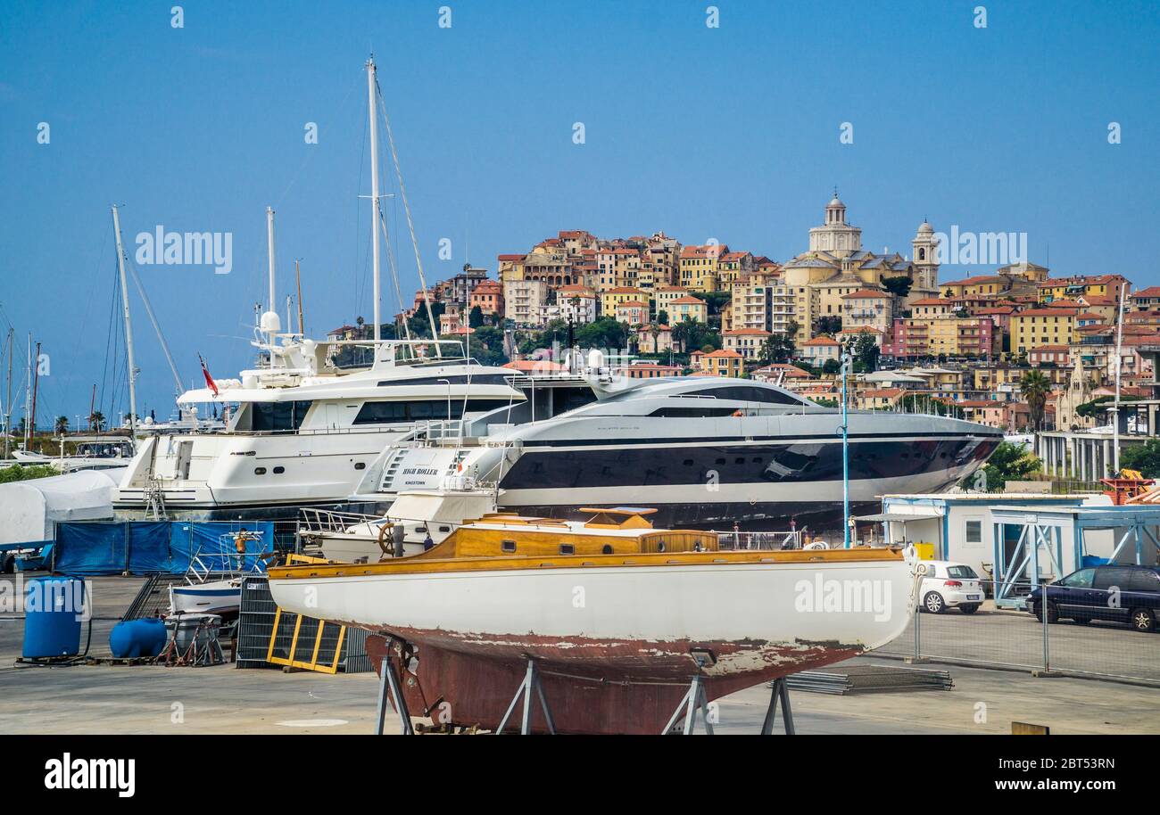 boat repair at the yacht harbour of Imperia Porto Maurizio, Riviera di Ponente, Liguria, Italy Stock Photo
