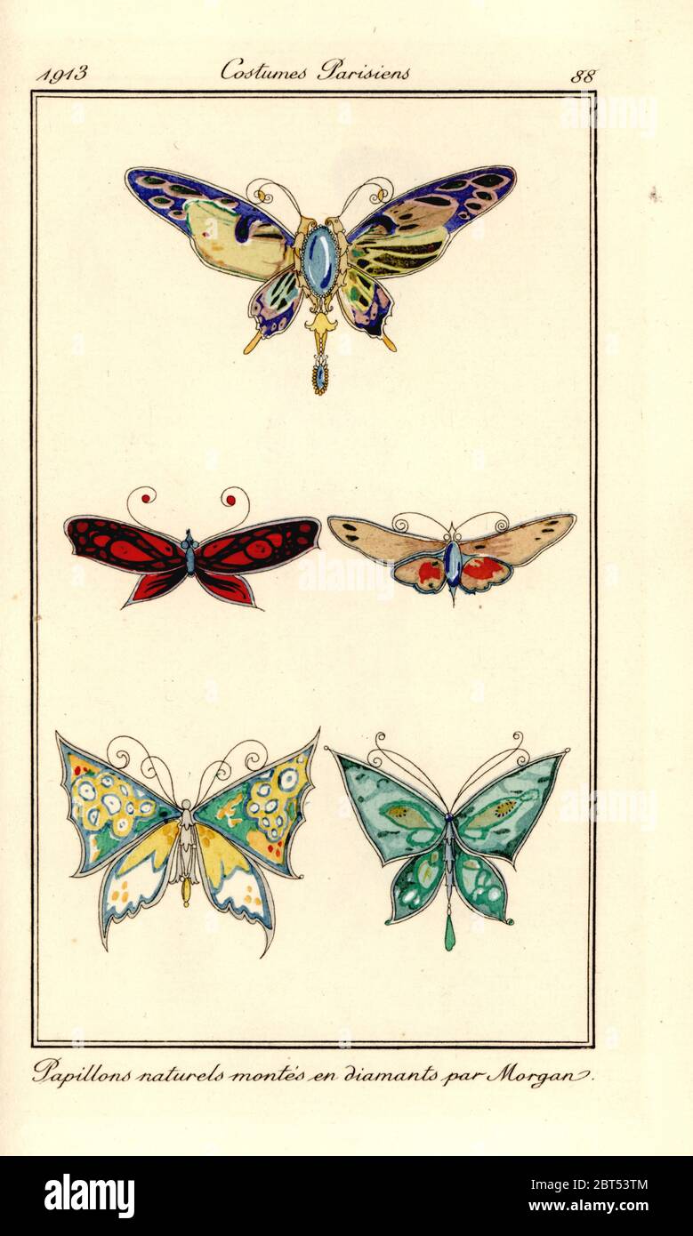 Butterfly brooches mounted in diamonds designed by Morgan. Papillons naturels montes en diamants par Morgan. Handcoloured pochoir (stencil) etching from Tommaso Antonginis Journal des Dames et des Modes, Aux Bureaux du Journal des Dames, Paris, 1913. Stock Photo