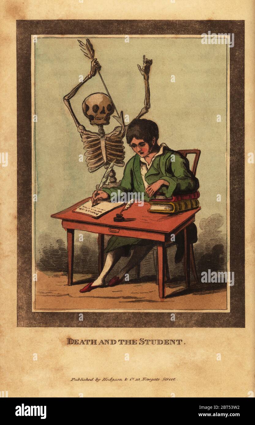 Skeleton of death aiming a dart at a young man writing with a quill pen at a desk with several books. Death and the Student. Handcoloured copperplate engraving by Joshua Gleadah after an illustration by Benedictus Antonio Van Assen from The British Dance of Death, Hodgson, London, 1823. Stock Photo