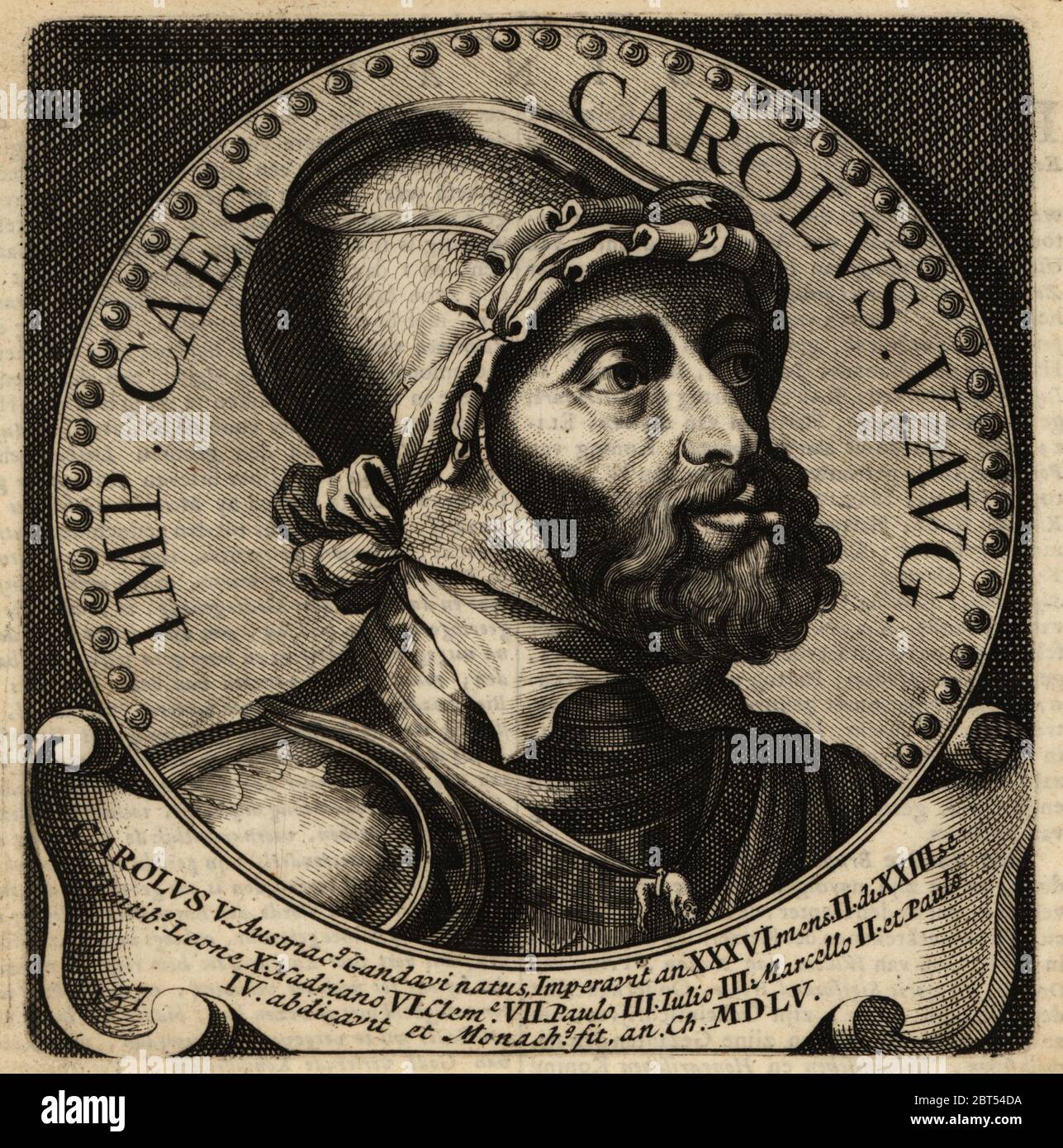 Holy Roman Emperor Charles V, 1500-1558. Carolus V Austriacus, King of Spain, Aragon, ruling prince of the Habsburg Netherlands. Copperplate engraving from Abraham Bogaerts De Roomsche Monarchy, The Roman Monarchy, Francois Salma, Utrecht, 1697. Stock Photo