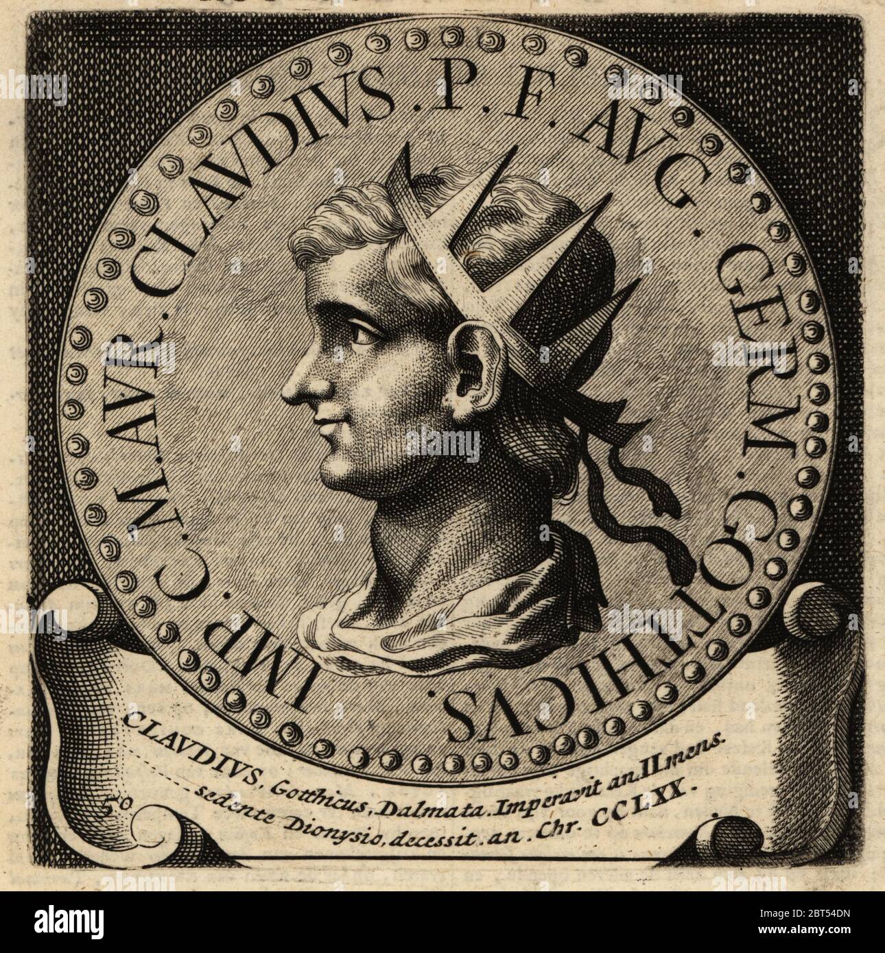 Roman Emperor Claudius Gothicus, 214-270. Marcus Aurelius Valerius Claudius Augustus also known as Claudius II, Roman emperor from 268 to 270. Copperplate engraving from Abraham Bogaerts De Roomsche Monarchy, The Roman Monarchy, Francois Salma, Utrecht, 1697. Stock Photo