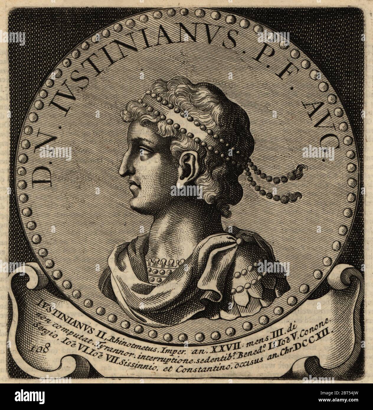 Byzantine Emperor Justinian II, 668-711. Flavius Iustinianus, Rhinotmetos or Rhinotmetus. Copperplate engraving from Abraham Bogaerts De Roomsche Monarchy, The Roman Monarchy, Francois Salma, Utrecht, 1697. Stock Photo