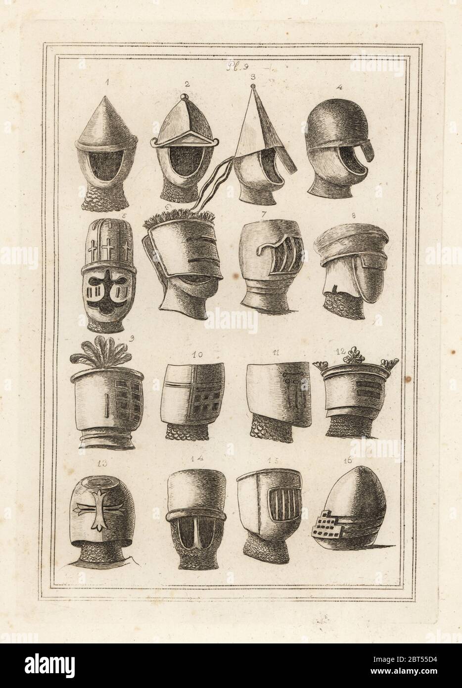 Helmets from the great seals of kings and barons. William the Conqueror 1,2, William Earl of Mellent 3, son of Richard I 4, Duke of Normandy 5, Richard I 6, Ferdinand III 7, Alexander II 8, Alexander III 9, John Earl Warren 10, Robert de Ghisnes 11, King Edward I 12, Hughes Vidame de Chalons 13, Raoul de Beaumont 14, Earl of Cornwall 15 and Edward IIIs son Edward 16. Copperplate engraving from Francis Grose's Military Antiquities respecting a History of the English Army, Stockdale, London, 1812. Stock Photo
