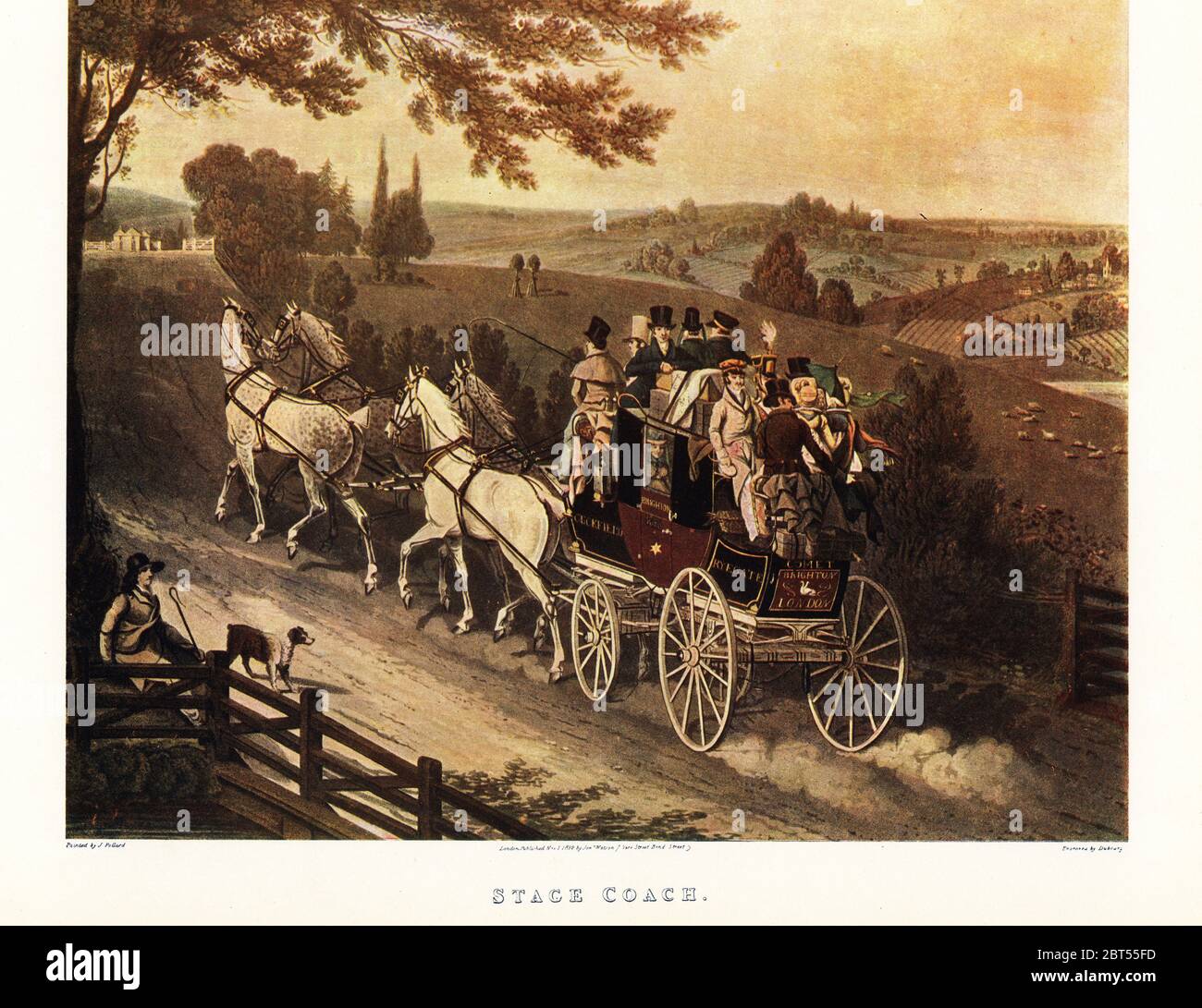 Stage coach driven by four horses and laden down with passengers and luggare moving along up a country lane through a bucolic landscape, 1822. Brighton to London stage coach Comet on Ryegate Hill. Color print after an engraving by Dubourg from an illustration by James Pollard in Ralph Nevills Old Sporting Prints, The Connoisseur Magazine, London, 1908. Stock Photo