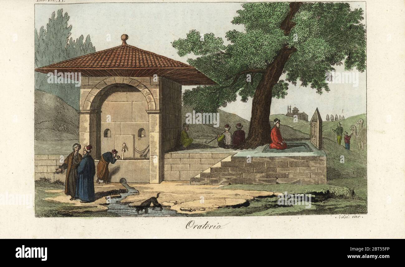 Open-air raised praying site; such sites existed on all big commercial routes in the Ottoman Empire. Muslim man kneeling on a prayer mat in front of a carved stone indicating Mecca. Men performing music under a tree, another performing ablutions at a fountain. Oratorio. Handcoloured copperplate engraving by Nasi after Giulio Ferrario in his Costumes Ancient and Modern of the Peoples of the World, Il Costume Antico e Modern o Story, Florence, 1842. Copied from Ignace Mouradgea dOhssons Tableau General de lEmpire Othoman, Paris, 1790. Stock Photo