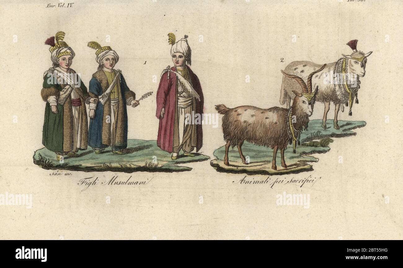 Muslim boys in the days before their circumcision, and goats destined for sacrifice. Figli Musulman. Animali pei sacrifici. 18th century. Handcoloured copperplate engraving by Nasi from Giulio Ferrarios Costumes Ancient and Modern of the Peoples of the World, Il Costume Antico e Modern o Story, Florence, 1842. Copied from Ignace Mouradgea dOhssons Tableau General de lEmpire Othoman, Paris, 1790. Stock Photo