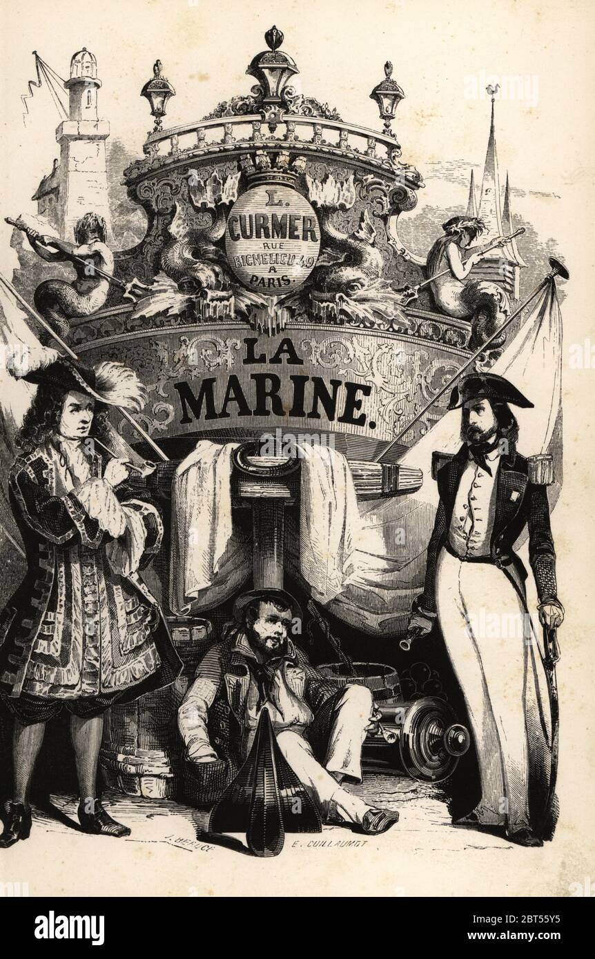 Frontispiece illustration showing 18th and 19th century sailors in front of a decorated ships stern. Woodblock print by J. Beruce after Claude-Nicolas-Eugene Guillaumot from Eugene Paninis Marine, arsenaux, navires, equipages, navigation, atterages, combats, L. Curmer, Paris, 1844. Stock Photo