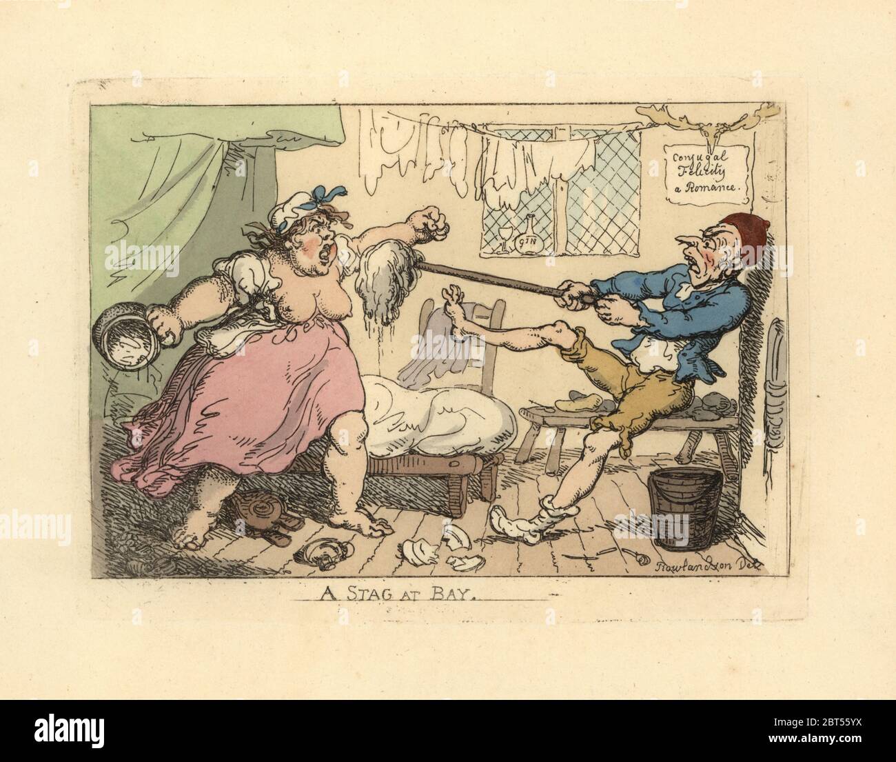 Husband holding off his angry wife with mop. A bottle of gin on the windowsill and a sign reading Conjugal Felicity a Romance. A Stag at Bay. Handcoloured copperplate engraving designed and etched by Thomas Rowlandson to accompany Reverend James Beresfords Miseries of Human Life, Ackermann, 1808. Stock Photo