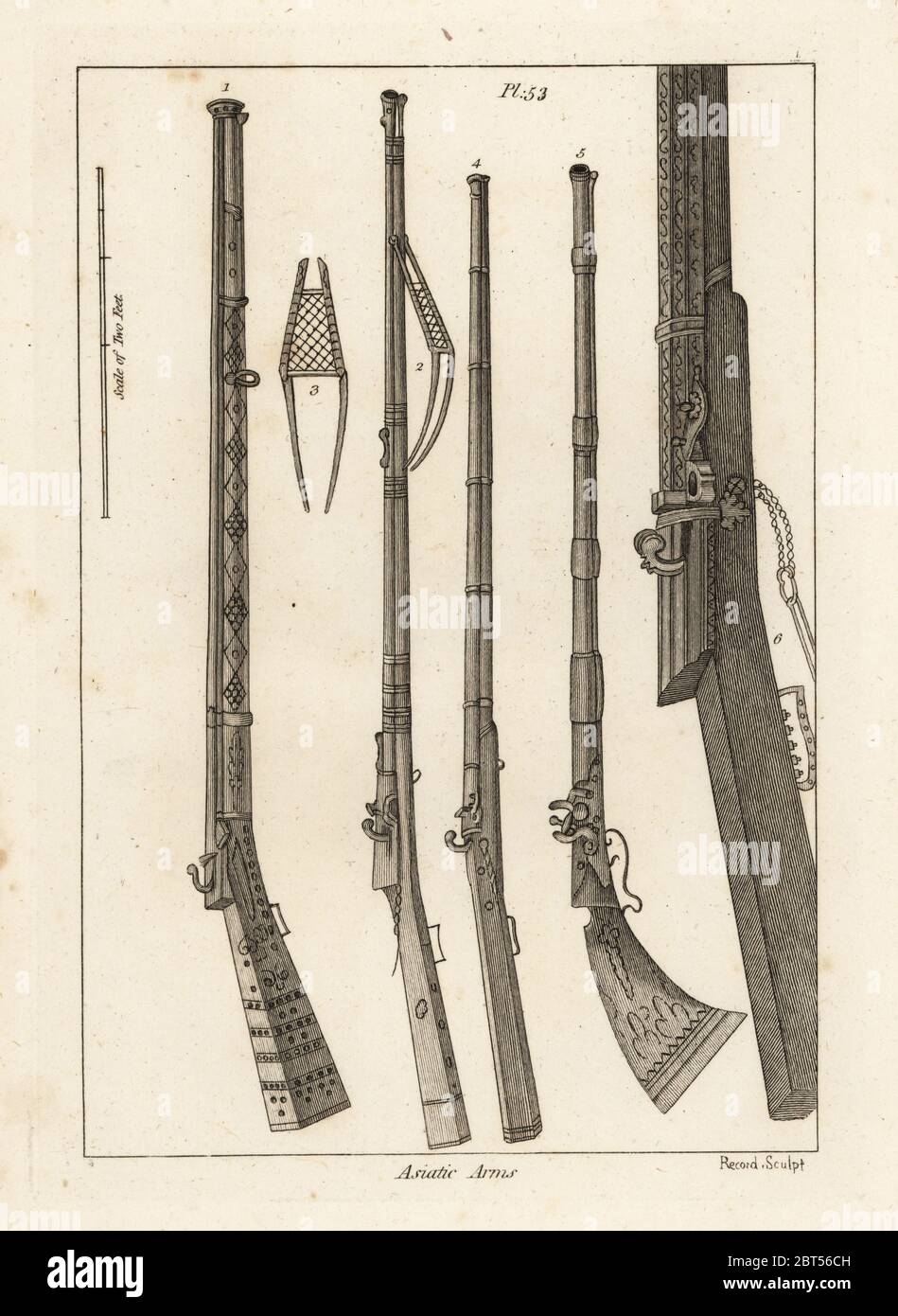 Asiatic arms. Asiatick matchlock guns 1,2, brazen apendage serving as a rest 3, Turkish guns 4,5 and Turkish matchlock gun enlarged. Copperplate engraving by Record from Francis Grose's Military Antiquities respecting a History of the English Army, Stockdale, London, 1812. Stock Photo