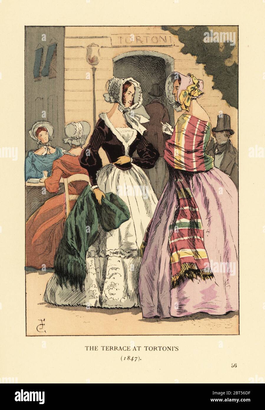 The terrace at Tortonis, 1847. Fashionable women in crinolines, large cashmere shawls and bonnets. The Cafe Tortoni Italan icecream parlor, 22 Bouleverd des Italiens, was popular with dandies, intellectuals and ladies of the demi-monde. Handcoloured lithograph by R.V. after an illustration by Francois Courboin from Octave Uzannes Fashion in Paris, William Heinemann, London, 1898. Stock Photo