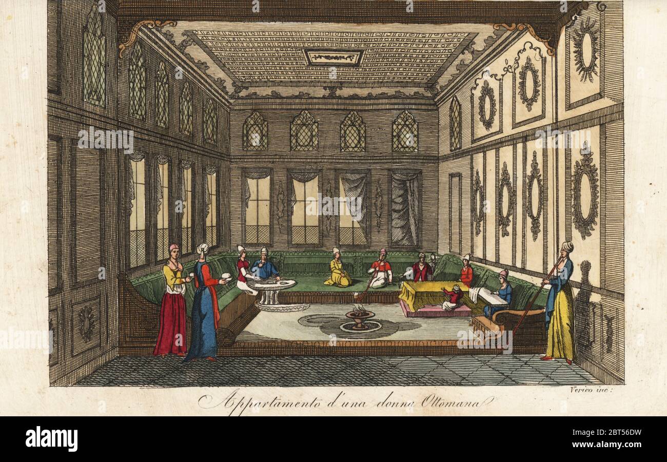 Muslim women entertaining themelves in their private quarters. Woman smoking hookah pipes, spinning yarn, embroidering, etc. Appartement d'une dame Mahometane avec le tandour. Appartamento duna donna Ottomana. Handcoloured copperplate engraving by Verico from Giulio Ferrarios Costumes Ancient and Modern of the Peoples of the World, Il Costume Antico e Modern o Story, Florence, 1842. Copied from Ignace Mouradgea dOhssons Tableau General de lEmpire Othoman, Paris, 1790. Stock Photo