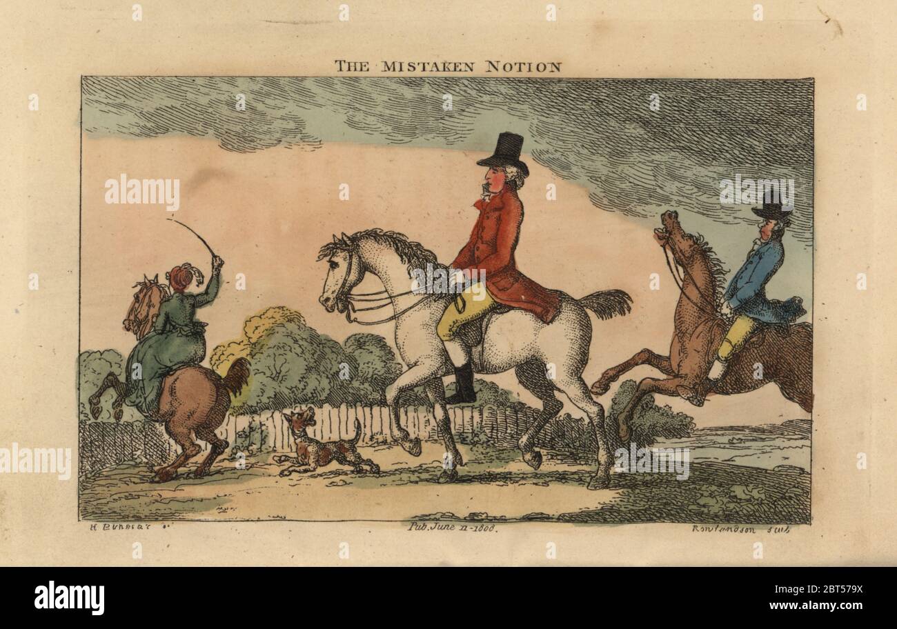 Regency man riding a horse, while other riders struggle behind him on galloping and bolting mounts. The Mistaken Notion. Handcoloured copperplate engraving by Thomas Rowlandson after an illustration by Henry Bunbury from Geoffrey Gambados An Academy for Grown Horsemen and Annals of Horsemanship, London, 1809. Stock Photo