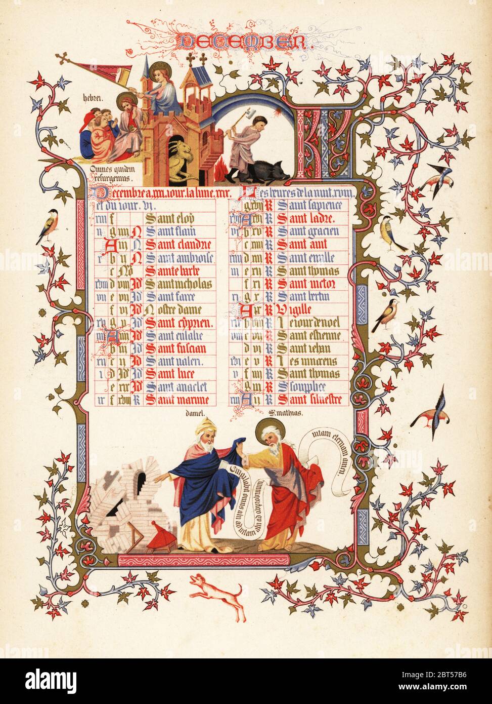 Calendar for December with figures of Daniel and St. Matthew, quote from Epistle to the Hebrews, disciples, man slaying a boar with an axe, goat, dog, birds, foliage and castles. From an illuminated Book of Hours of the Duke the Anjou., 1380. Chromolithograph in colors and gilt from Henry Noel Humphreys The Illuminated Calendar and Home Diary for 1846, Longmon, London, 1846. Stock Photo