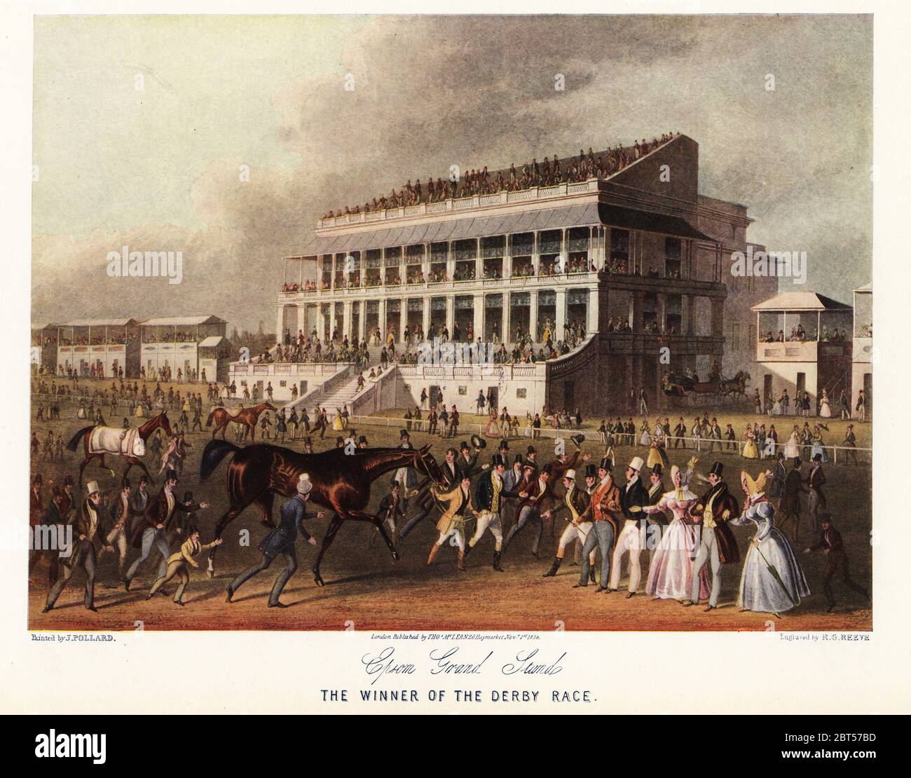 Bay Middleton, winner of the Derby 1836, being led to the paddock at Epsom Racecourse in front of fashionable crowds in the Grand Stand. Color print after an engraving by R.G. Reeve from a painting by James Pollard in Ralph Nevills Old Sporting Prints, The Connoisseur Magazine, London, 1908. Stock Photo