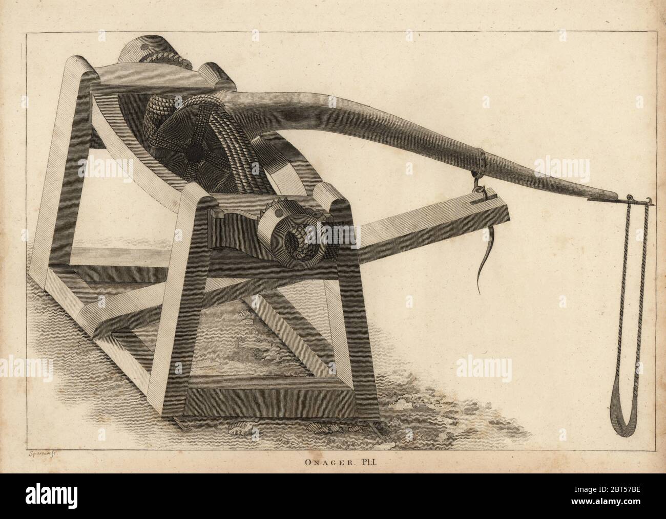 Onager, a type of catapult to project stones.. Constructed by Newton under the direction of Lt. General Melville. Copperplate engraving by Sparrow from Francis Grose's Military Antiquities respecting a History of the English Army, Stockdale, London, 1812. Stock Photo