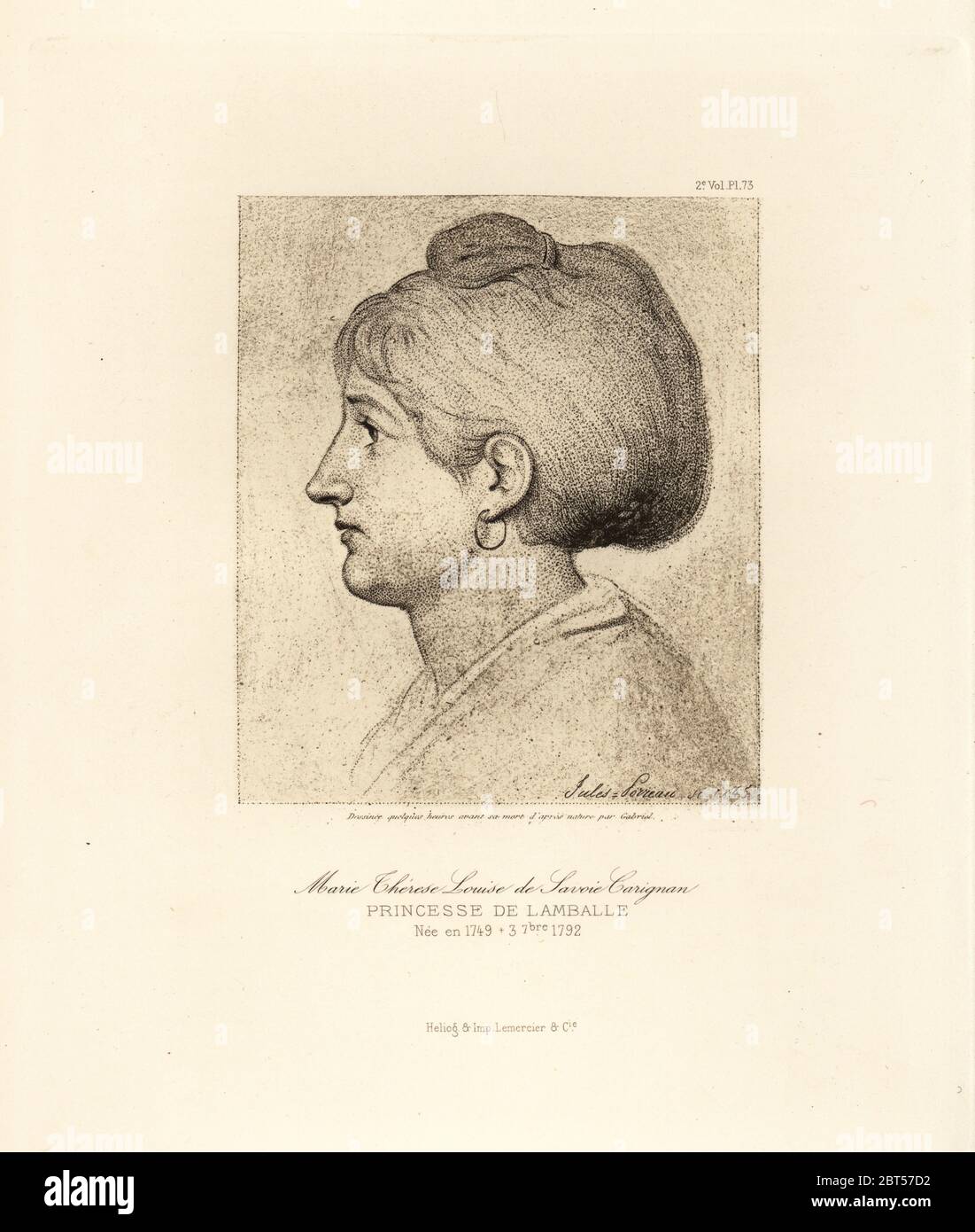 Portrait of Marie-Louise Therese of Savoy-Carignan, Princesse de Lamballe, hours before her execution, 3 September 1792. Lithograph by Jules Sorreau after a drawing by Georges Francois Marie Gabriel from Fashions and Customs of Marie Antoinette and her Times, by Le Comte de Reiset, Paris, 1885. The journal of Madame Eloffe, dressmaker and linen-merchant to the Queen and ladies of the court. Stock Photo