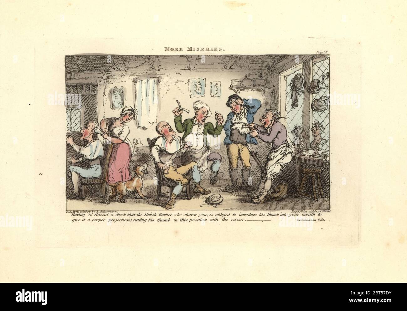 Barber cutting his thumb with a razor trying to shave a customer with soft cheeks. More Miseries. Handcoloured copperplate engraving designed and etched by Thomas Rowlandson to accompany Reverend James Beresfords Miseries of Human Life, Ackermann, 1808. Stock Photo