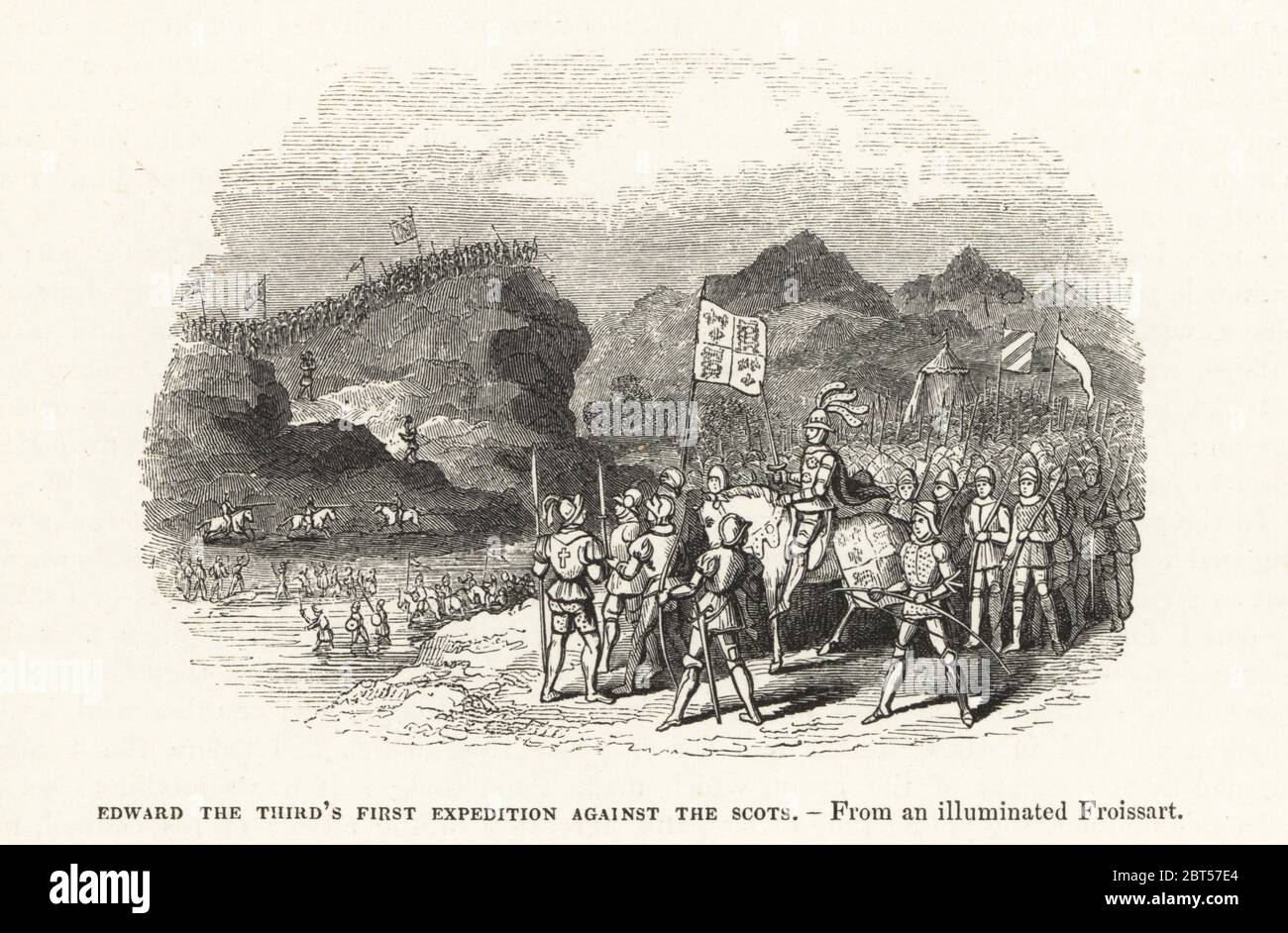 King Edward IIIs first expedition against the Scots, 1833. Edward III in armour on a horse with armorial caparison marching with his army. Woodcut after an illuminated manuscript from Sir John Froissart's Chronicles of England, France, Spain and the Adjoining Countries, from the Latter Part of the Reign of Edward II to the Coronation of Henry IV, George Routledge, London, 1868. Stock Photo